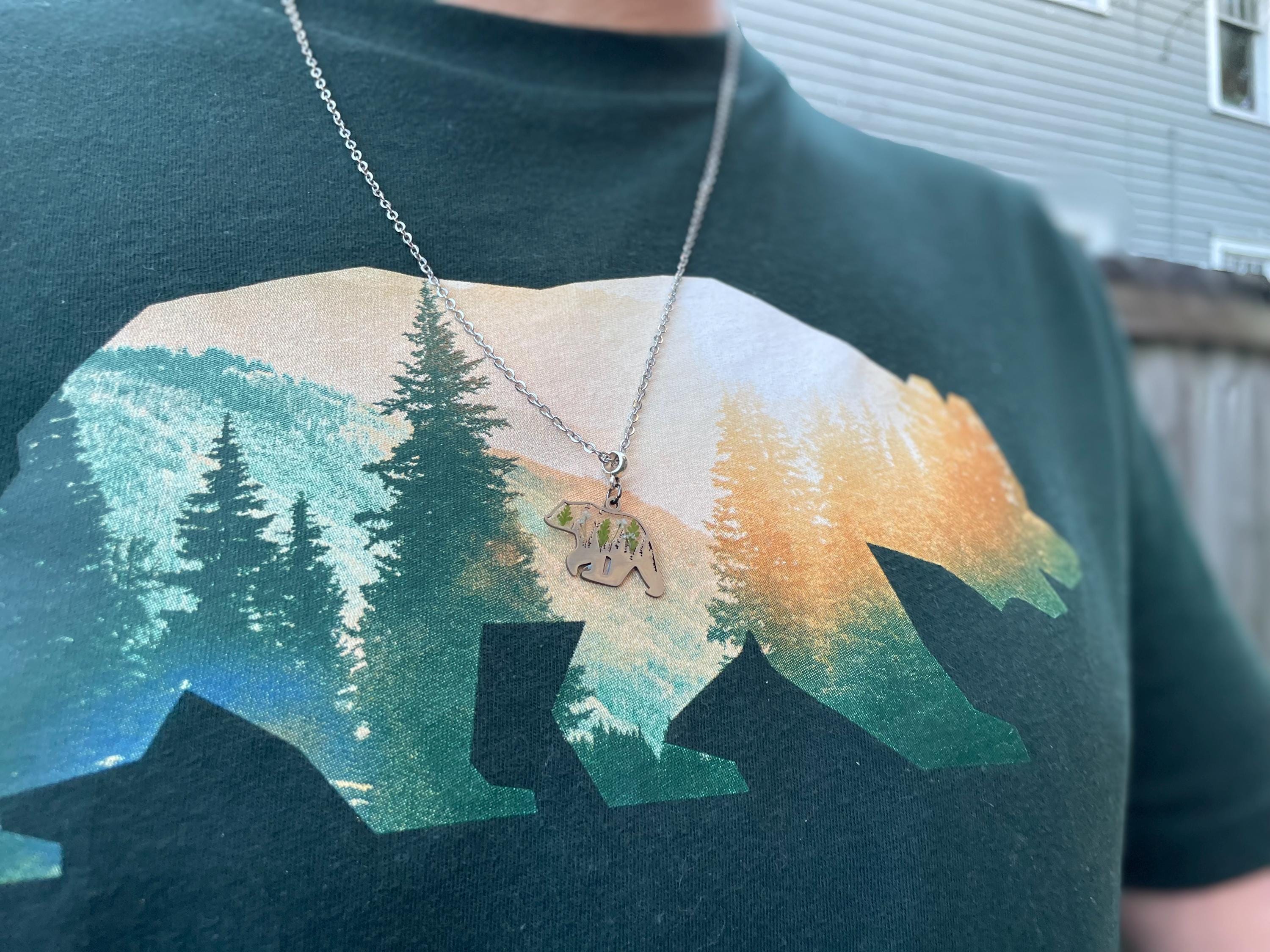 Papa Bear Silver Chain Pendant Necklace for Men: Pressed Fern and Flower Mountain Jewelry, Birthstone Personalized