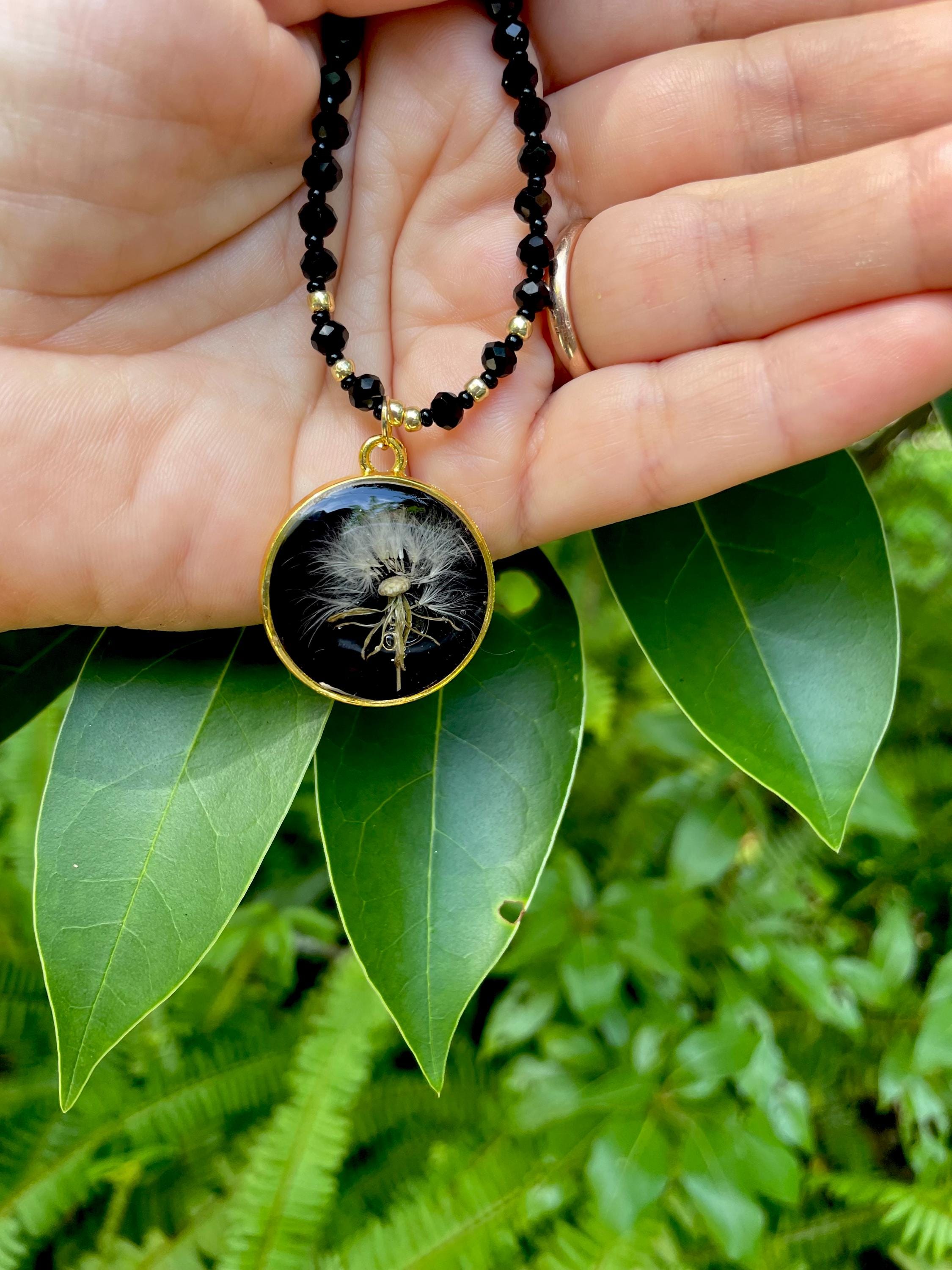 Black Spinel Beaded Necklace: Real Dandelion Charm, Sterling Silver/Gold