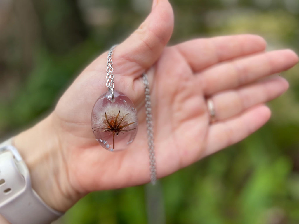 Custom Birthstone Dandelion Necklace: Resin Boho March Birth Month Flower Jewelry