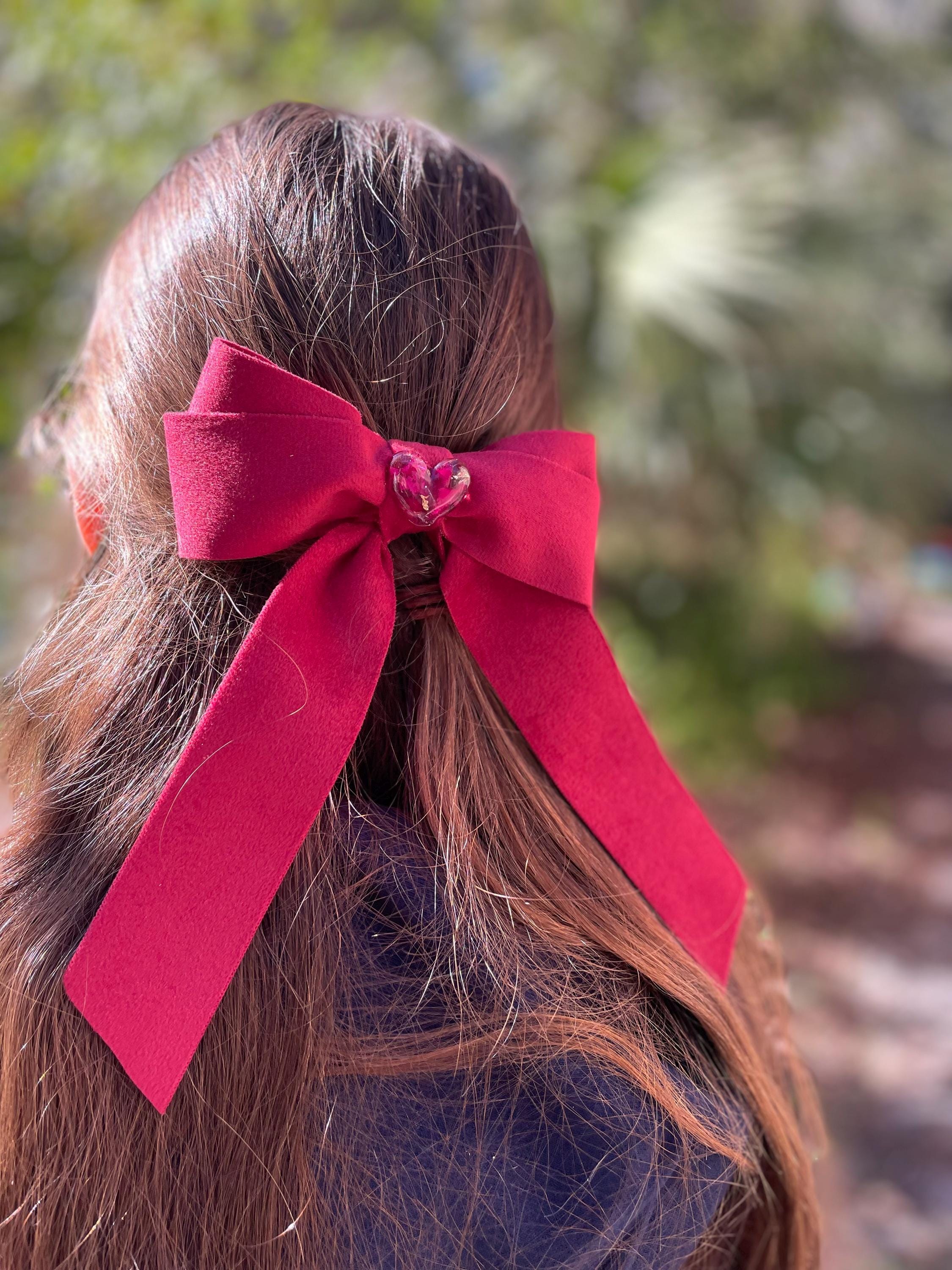 Burgundy Velvet Hair Bow: Rose Petal Heart Charm, Valentine's Day