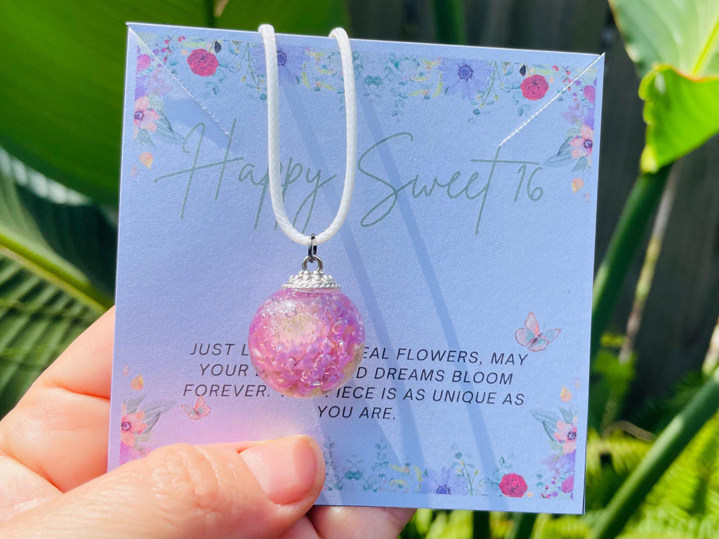 Sweet 16 Pink Flower Resin Pendant Necklace: Silver Chain or Leather Cord