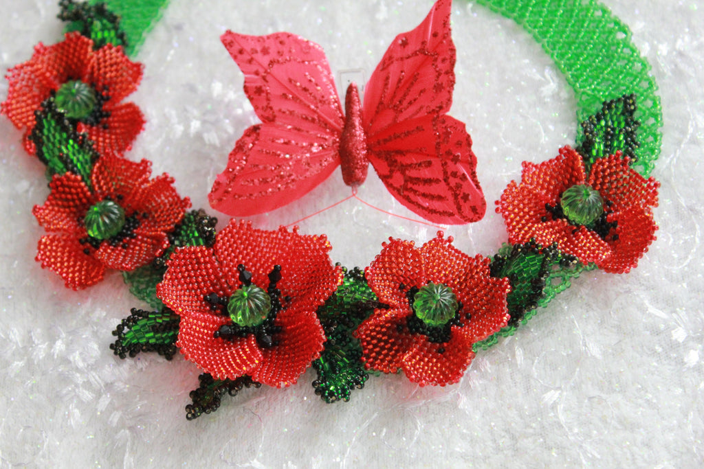 Red flower jewelry necklace, Poppy Necklace, Floral collar Choker, Wedding gift bride~Unique Beaded Necklace for girlfriend, Valentines gift