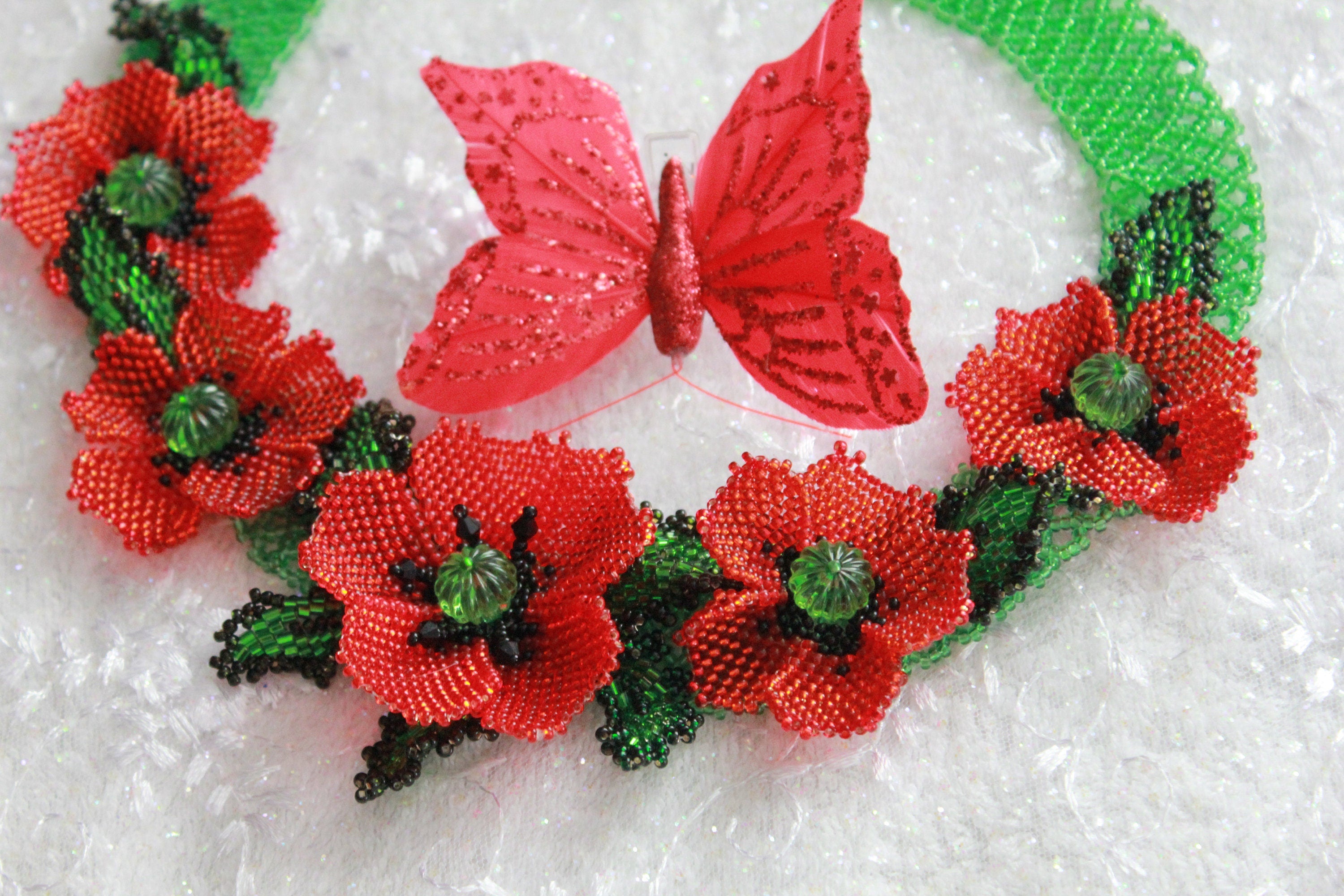 Red flower jewelry necklace, Poppy Necklace, Floral collar Choker, Wedding gift bride~Unique Beaded Necklace for girlfriend, Valentines gift