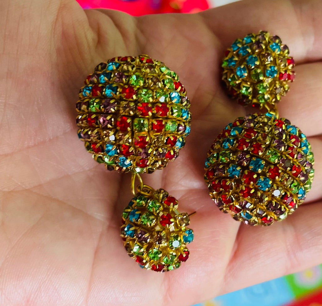 Rhinestone Disco Ball Drop Earrings: Gold Plated Clip On or Stud