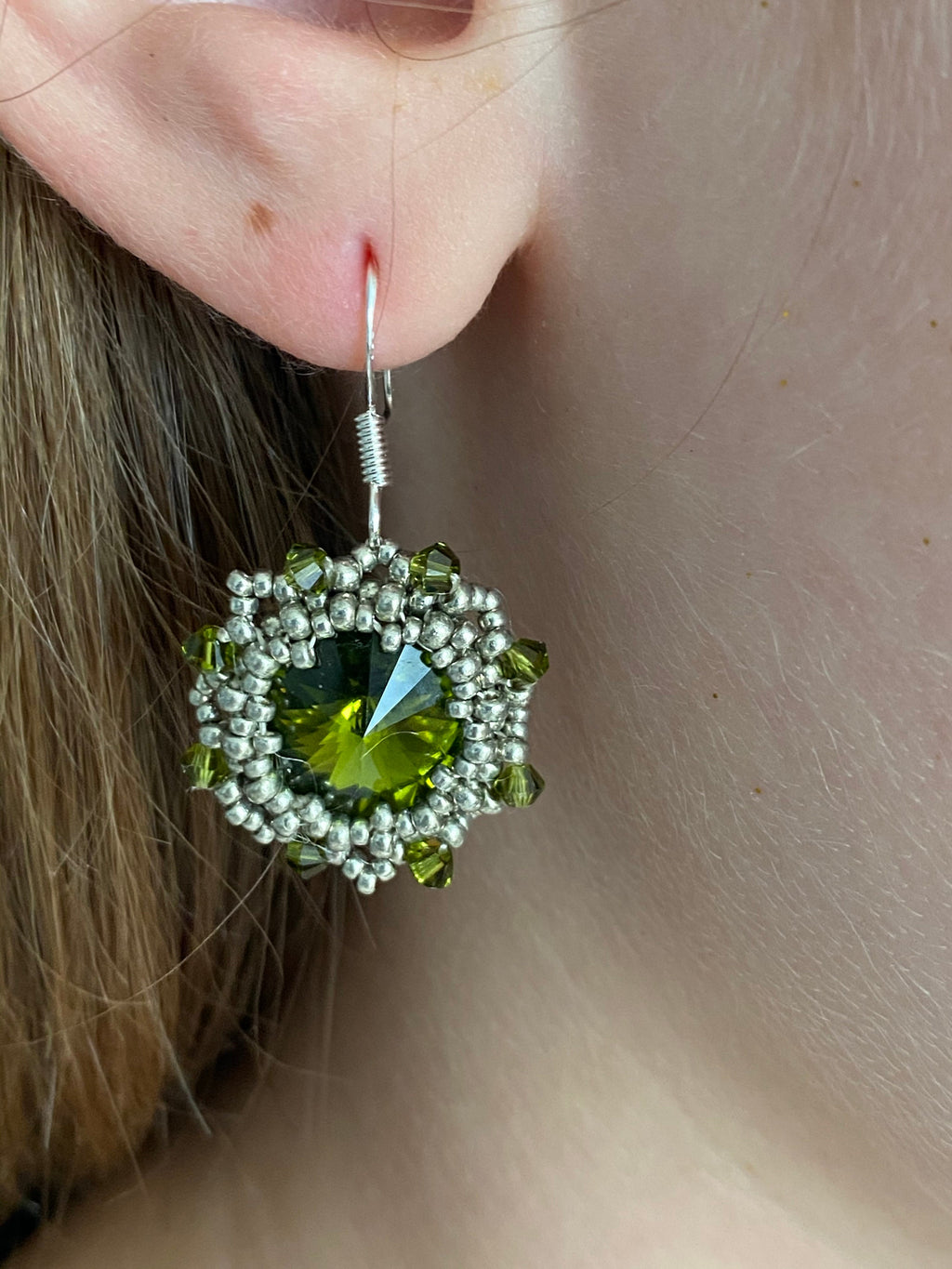 Chartreuse olive green Swarovski crystal sterling silver dangle earrings, handmade unique holiday jewelry gift boho green statement earrings