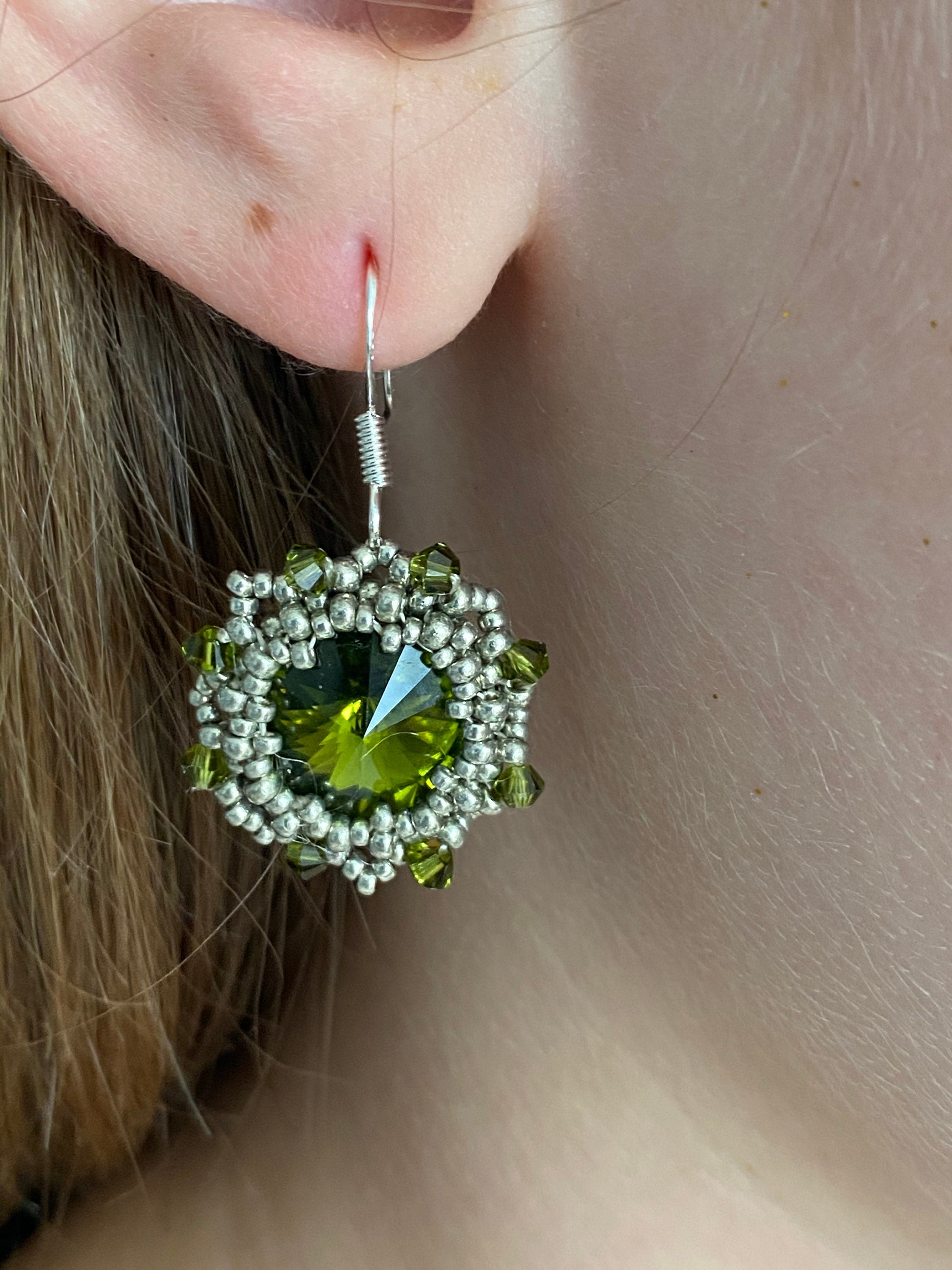 Chartreuse olive green Swarovski crystal sterling silver dangle earrings, handmade unique holiday jewelry gift boho green statement earrings