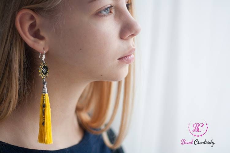 Dusty Blue Swarovski Crystal Beaded Silk Tassel Earrings: Bridal Something Blue Jewelry Handmade 5 inch