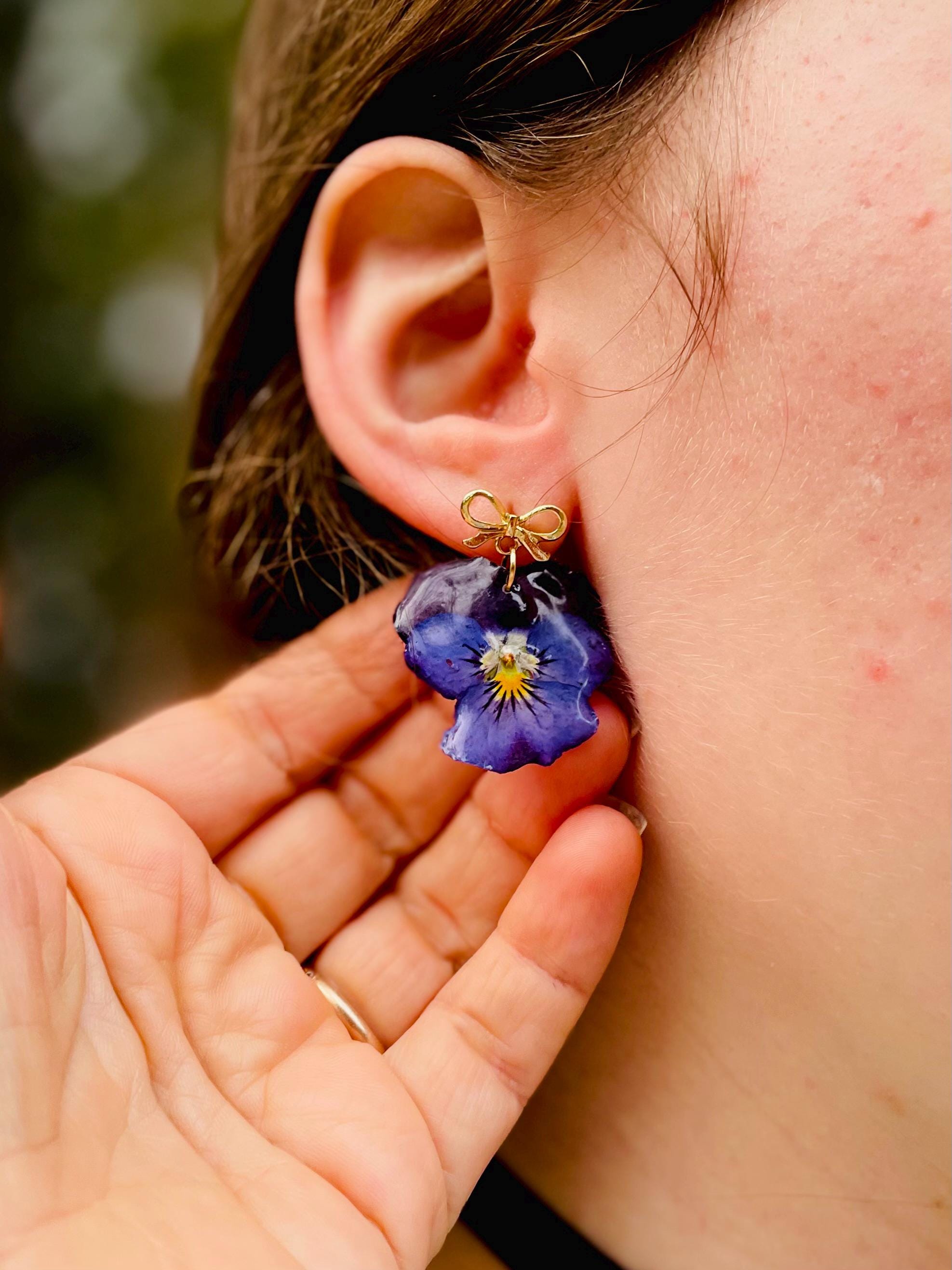 Purple Violet Flower Earrings with Gold Bow Posts | Unique Birth Month Gift for February