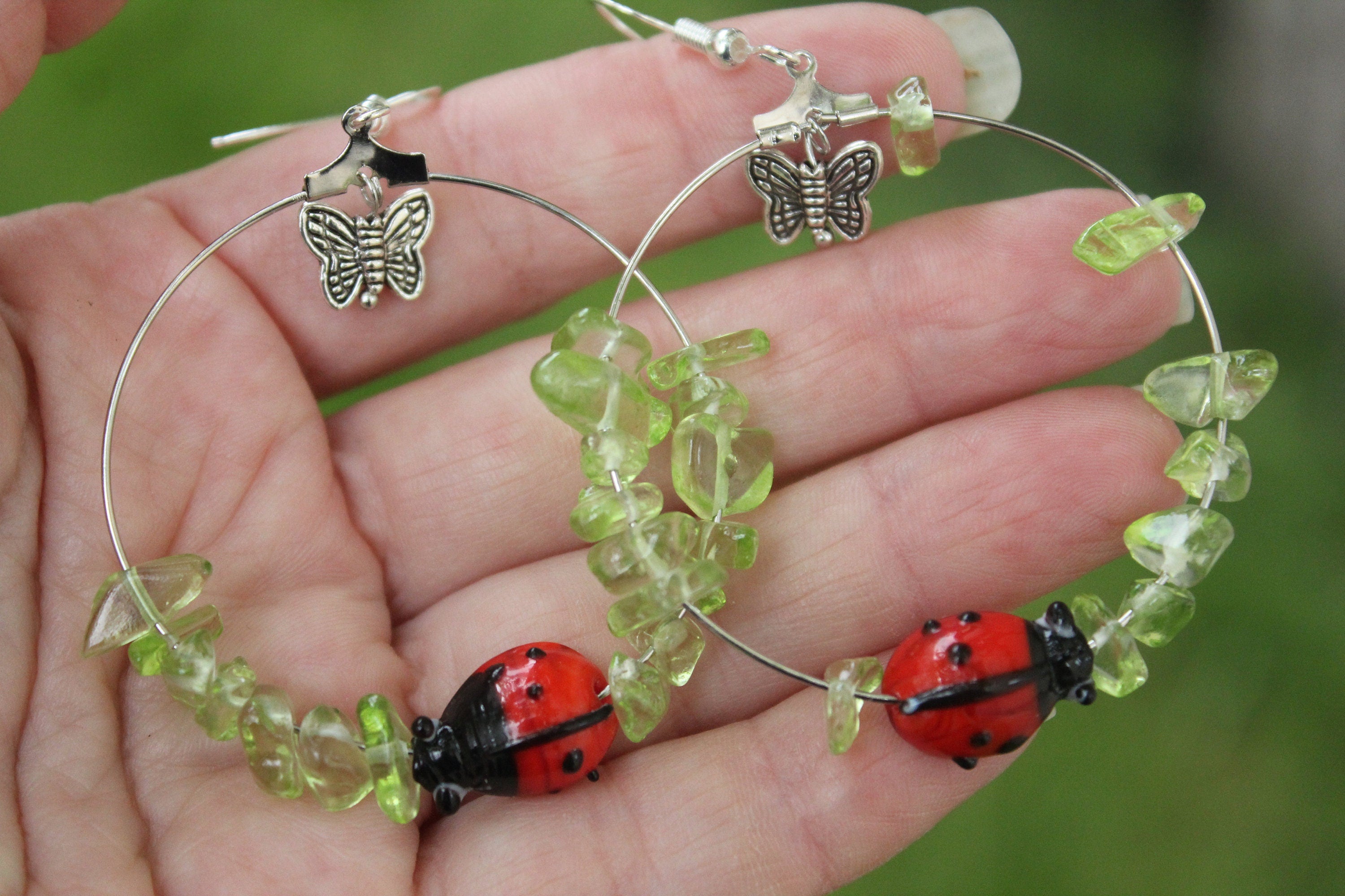 Custom Birthstone earrings for wife, Peridot hoop earrings with ladybug butterfly charm, birthday jewelry gift green summer earrings crystal