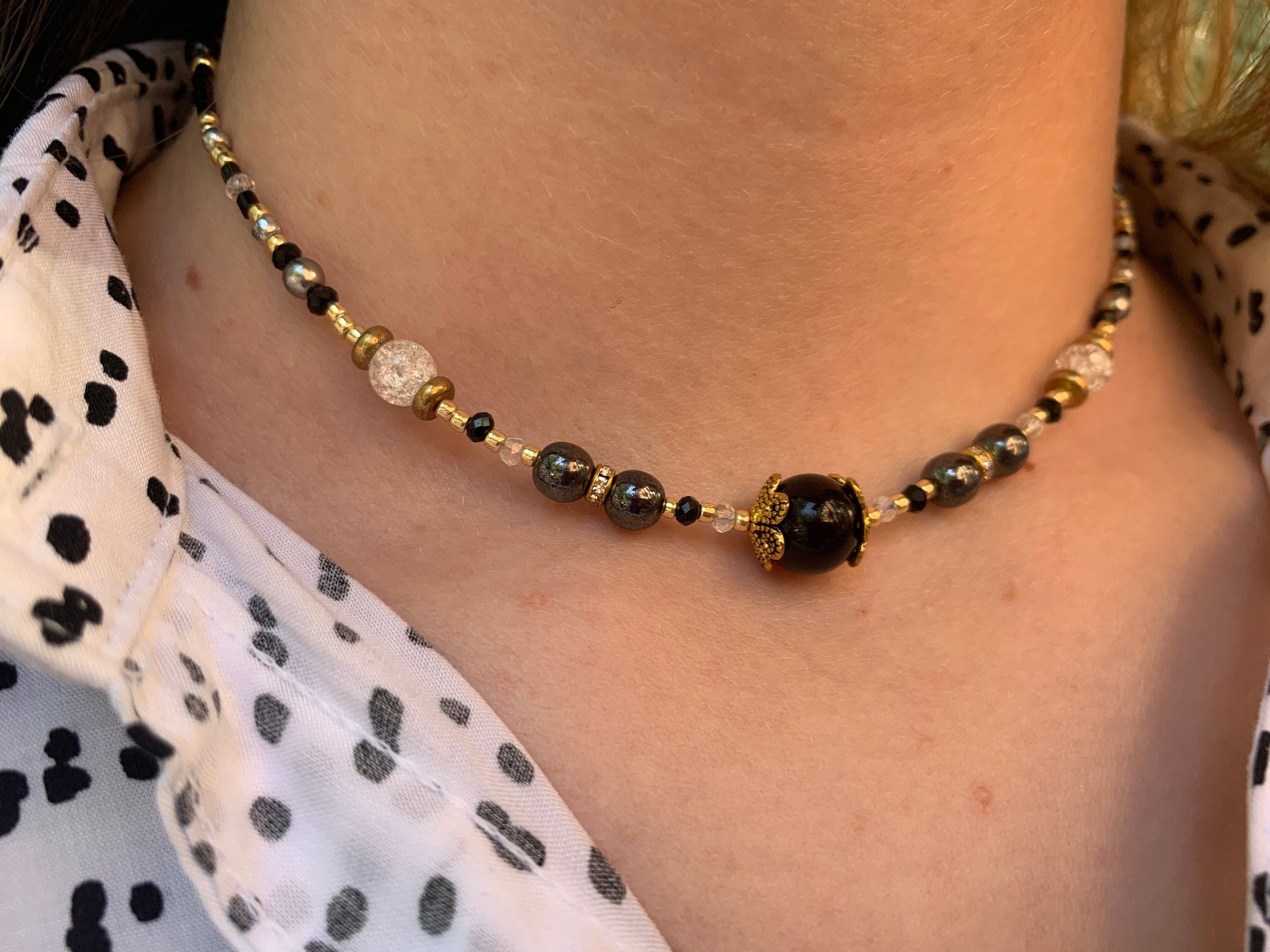 Minimalist beaded choker necklace with onyx hematite, black and gold beaded necklace, seed bead choker, handmade choker necklace for women