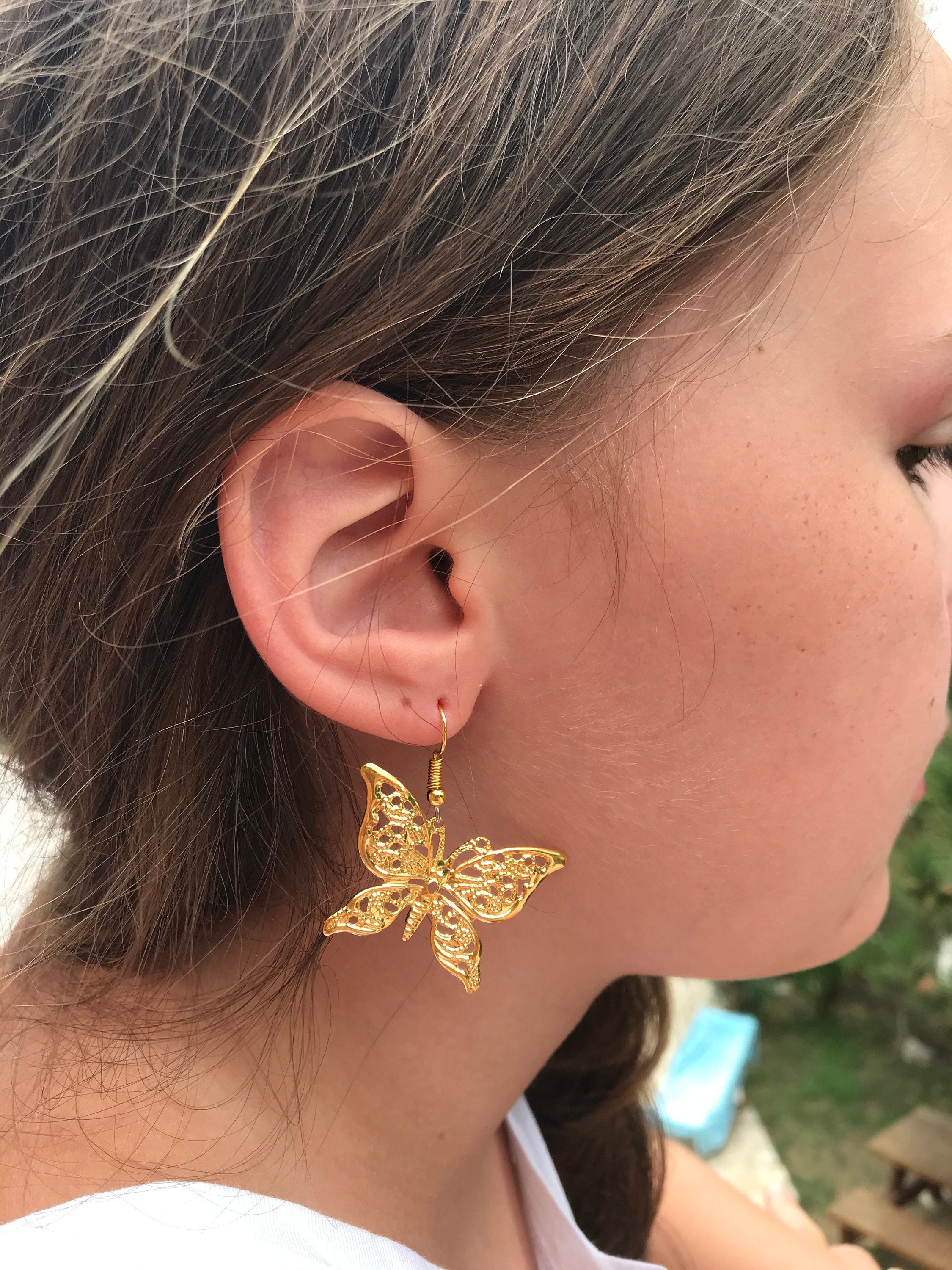 14k gold huggie earrings, filigree butterfly earrings, huggie hoop earrings silver, butterfly earrings dangle, silver butterfly earrings