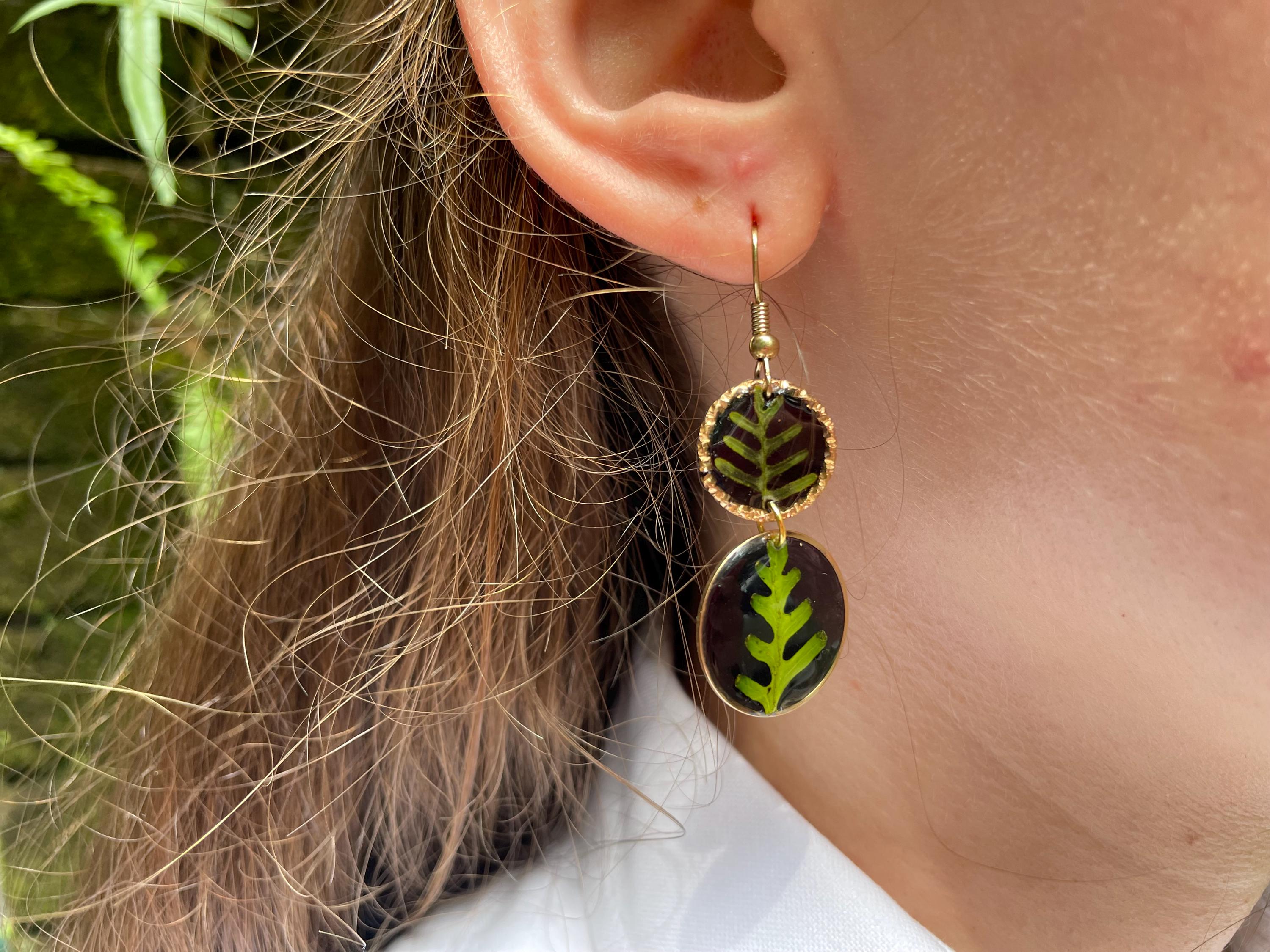 14K Gold Fern Earrings: Real Leaf Dangle Earrings, Botanical Jewelry Black