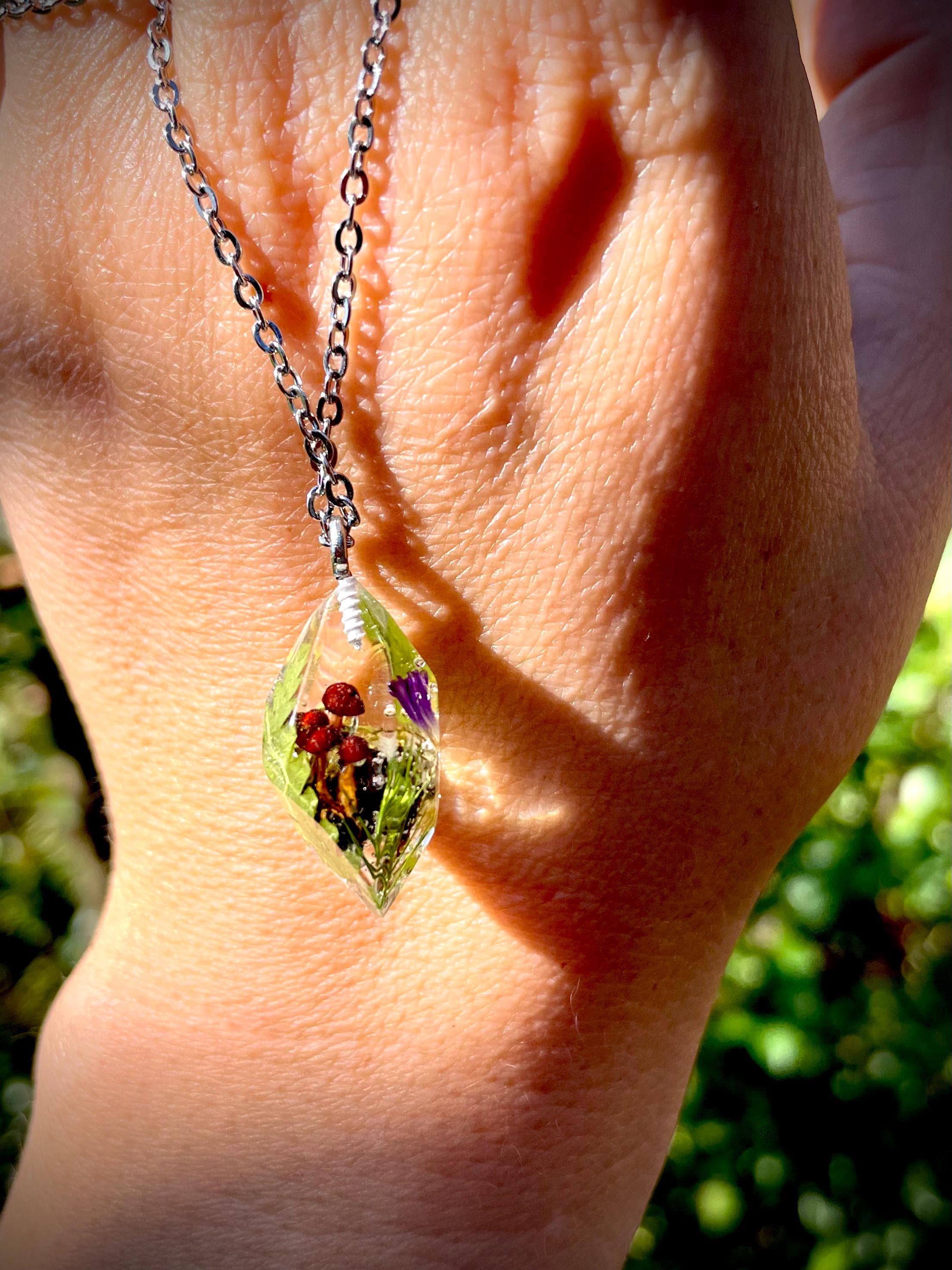 Personalized Crystal Real Mushroom Pendant Necklace Unisex: Custom Mushroom Number Family Jewelry Keepsake
