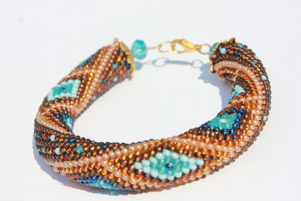 Teacher appreciation gift brown and blue Crocheted geometric bracelets for women, Mothers Day gift idea for wife, Seed Bead bangle Beadwork