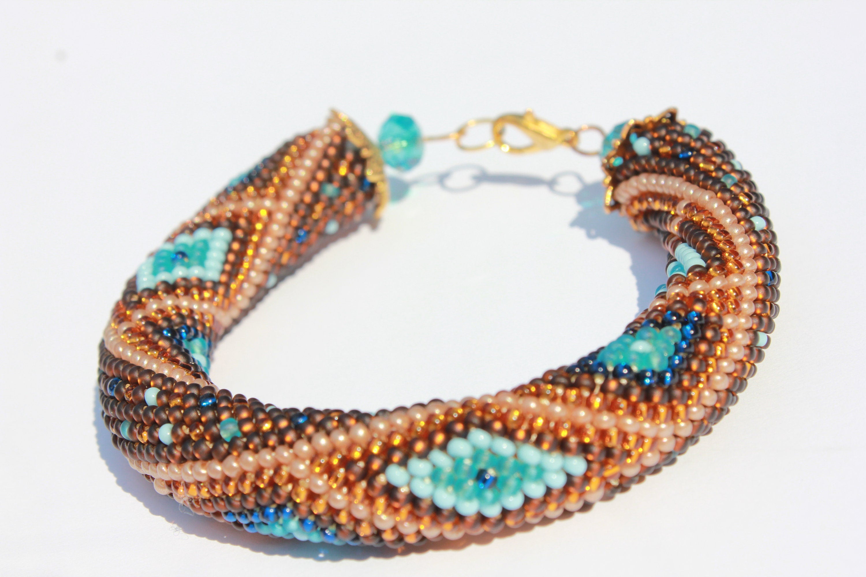 Teacher appreciation gift brown and blue Crocheted geometric bracelets for women, Mothers Day gift idea for wife, Seed Bead bangle Beadwork