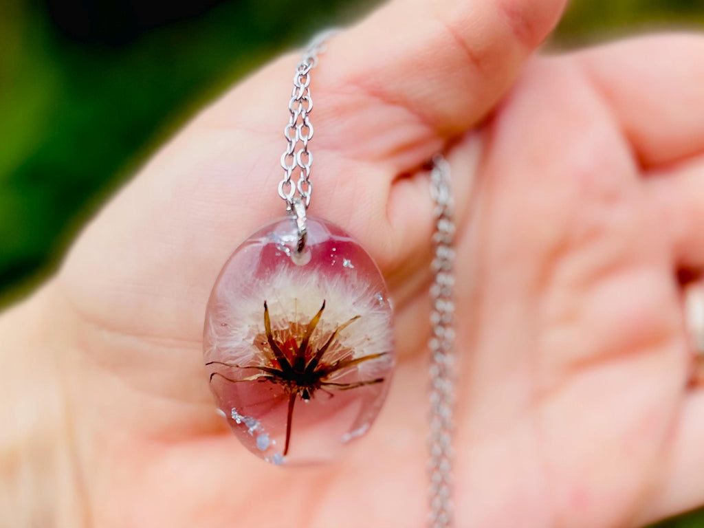 Custom Birthstone Dandelion Necklace: Resin Boho March Birth Month Flower Jewelry