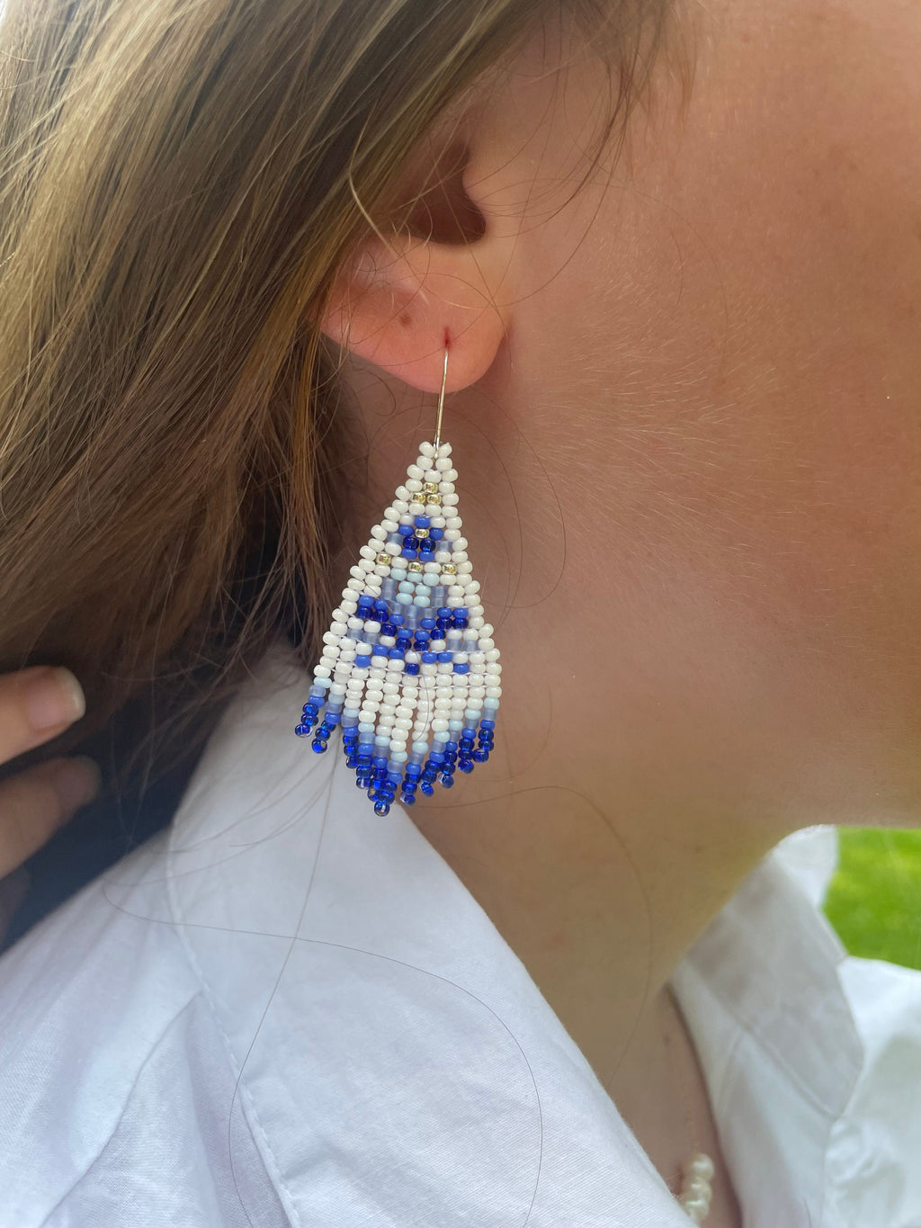 Chinoiserie Seed Bead Earrings: White & Blue Toile, Sterling Silver