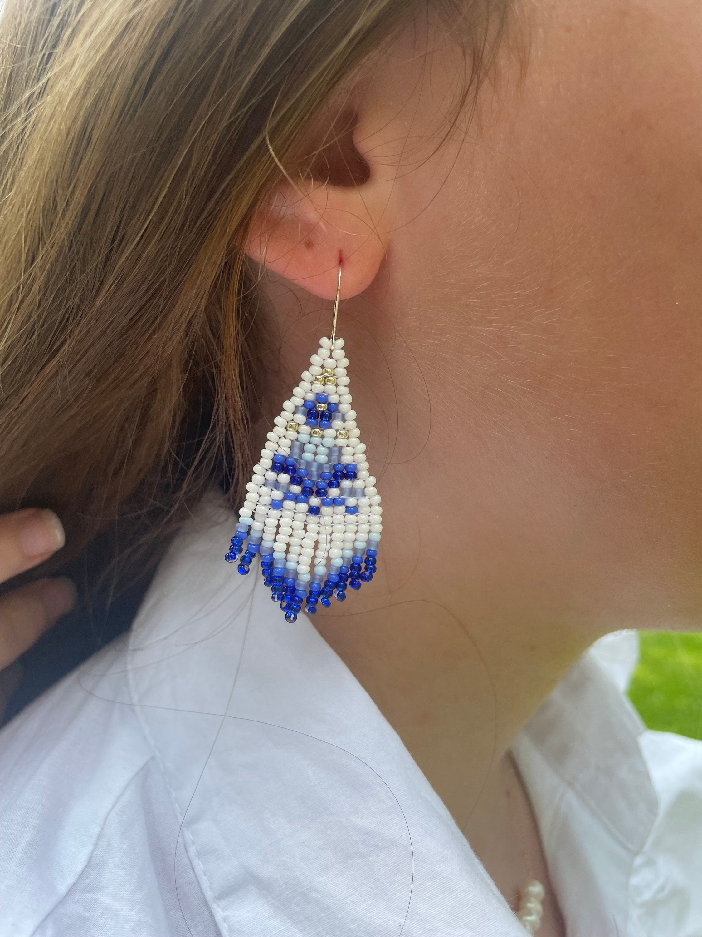 Chinoiserie Seed Bead Earrings: White & Blue Toile, Sterling Silver