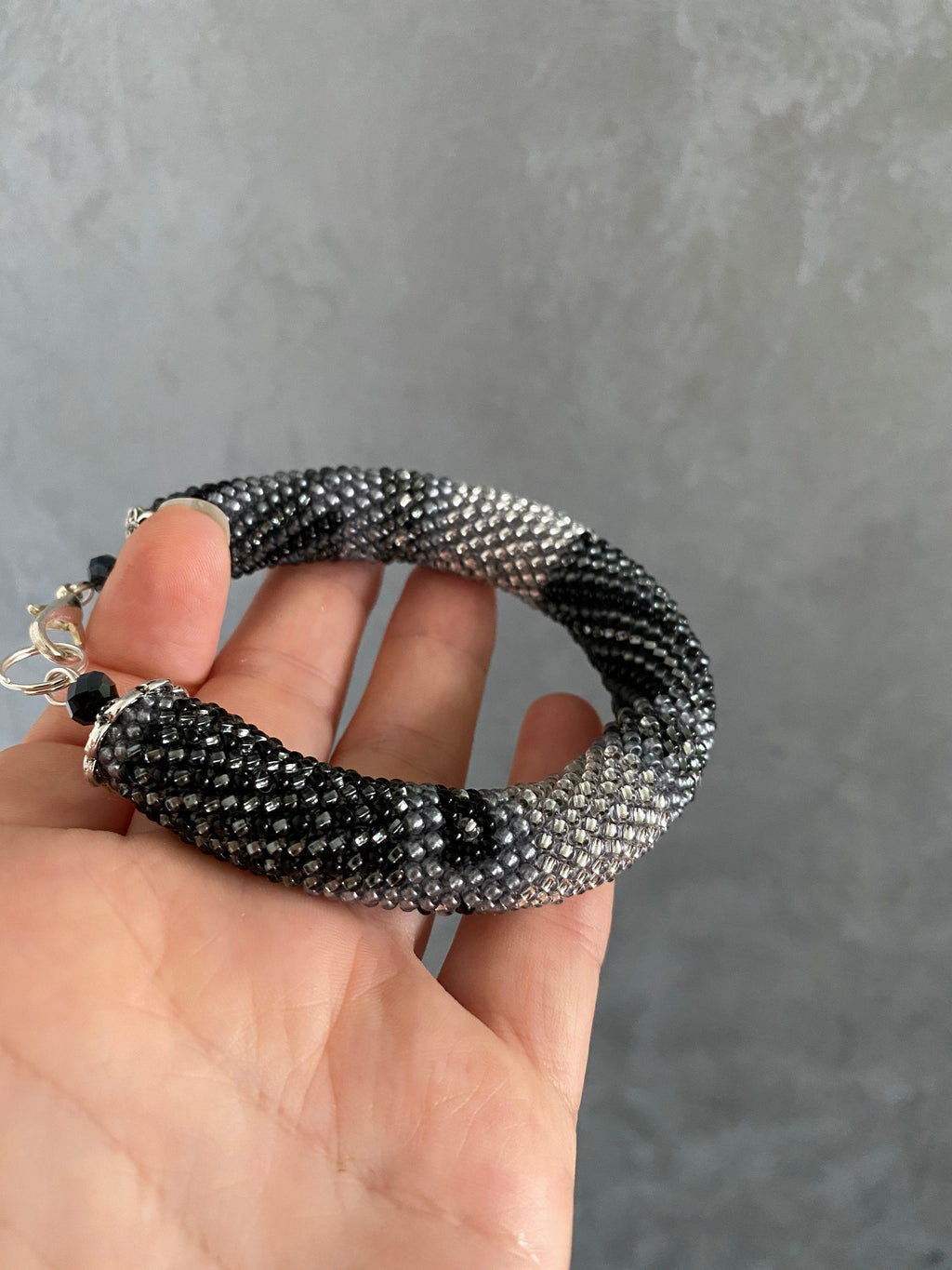 Silver bracelet Shades of Grey Patchwork Bracelet Grey Bracelet Stylish Beaded Bracelet For her Fashion Accessory Bead crochet Rope Bracelet
