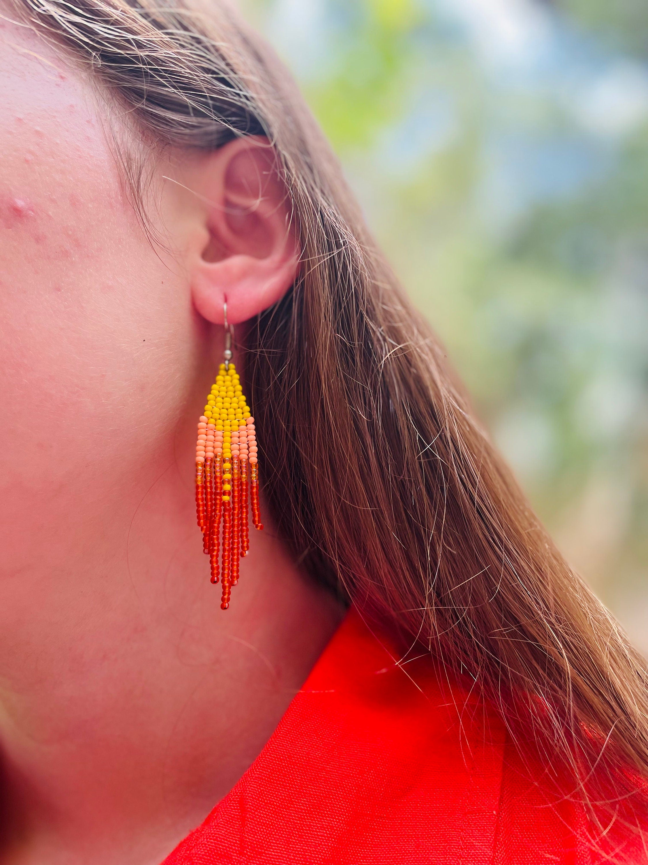 Handmade Ombre Seed Bead Fringe Earrings: Boho Dangle Jewelry