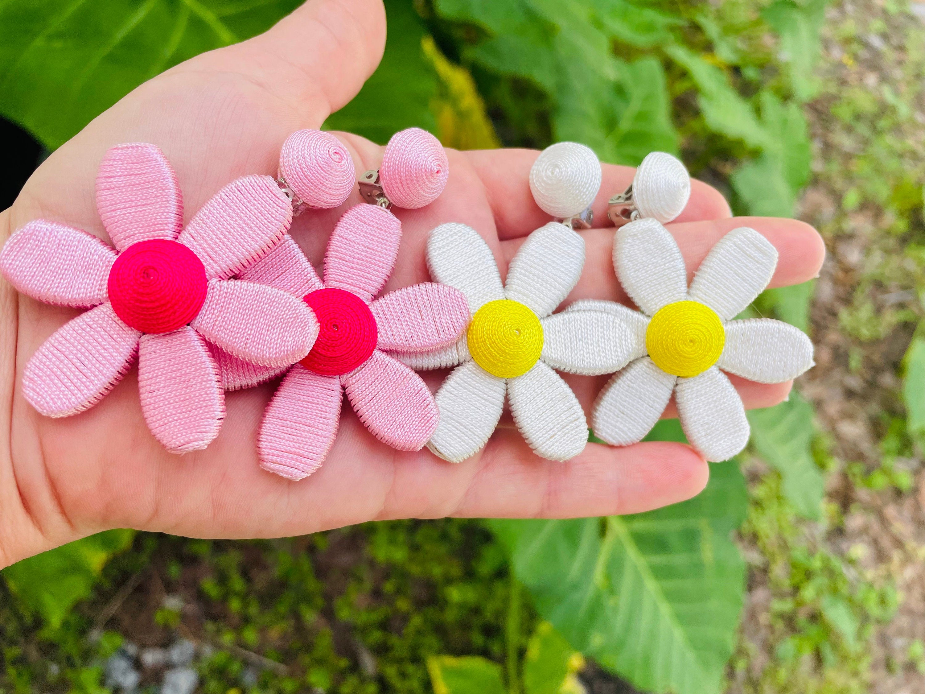 Cottagecore wedding clip earrings for bride bridesmaid, hot pink handmade Rebecca style big Daisy earrings, silk wrapped Flower earrings