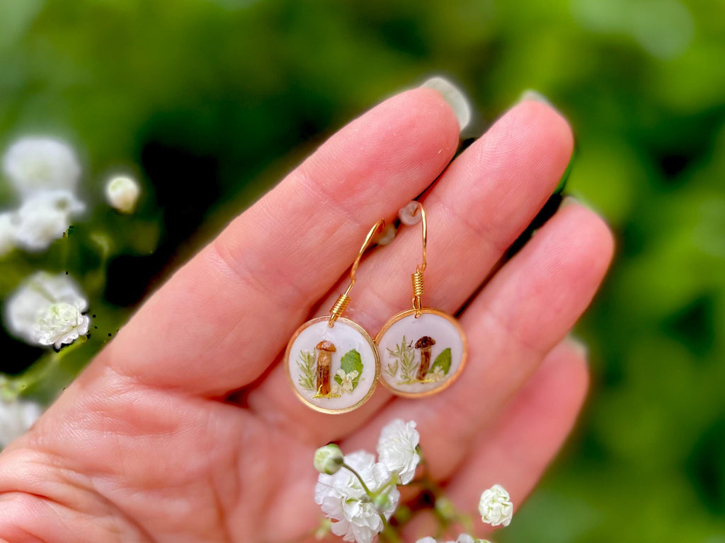 14K Gold Minimalist Meadow Flower & Mushroom Earrings | Unique Botanical Woodland Fairy Jewelry Resin