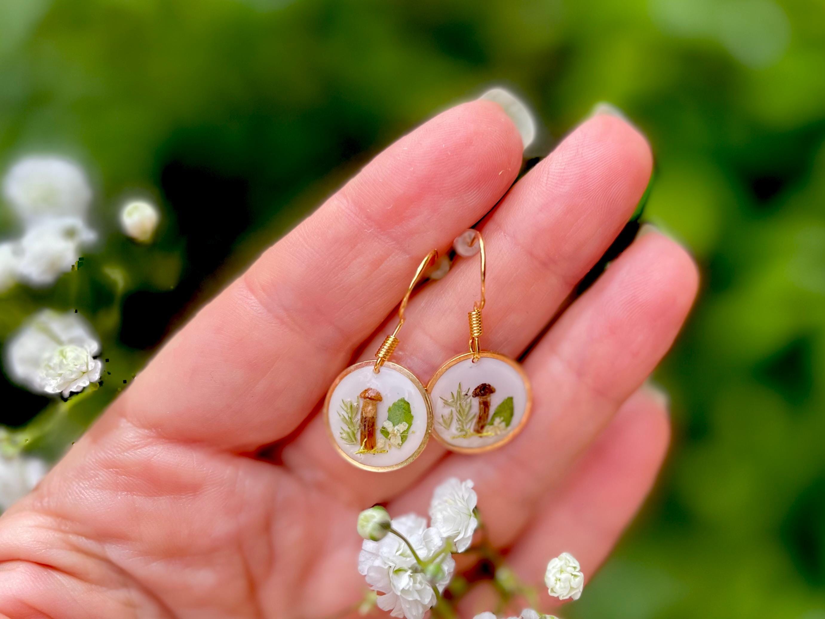 14K Gold Minimalist Meadow Flower & Mushroom Earrings | Unique Botanical Woodland Fairy Jewelry Resin
