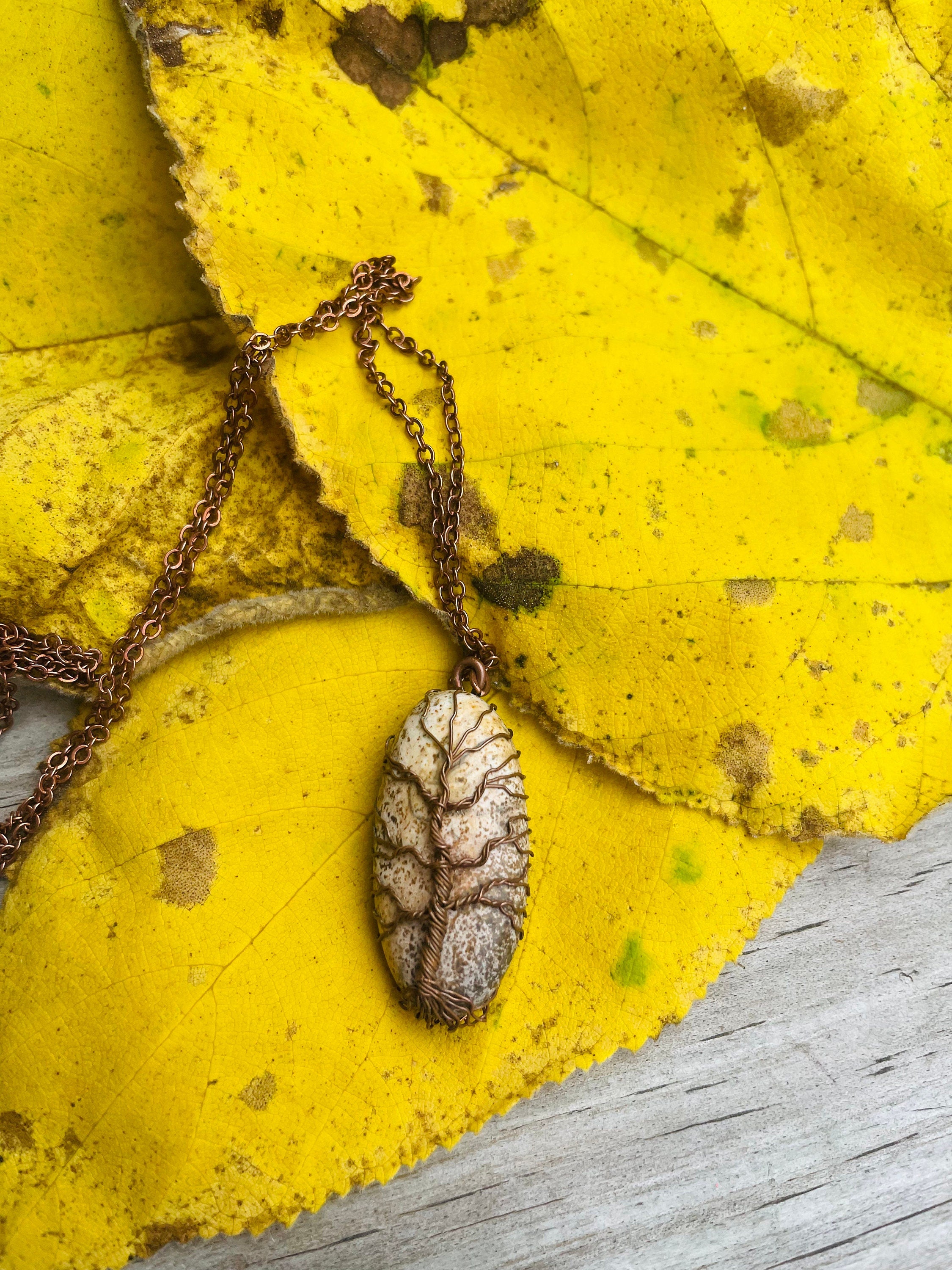 Dainty Copper Wire Wrapped Tree of Life Pendant Oval - Unique Picture Jasper Necklace for Men & Women