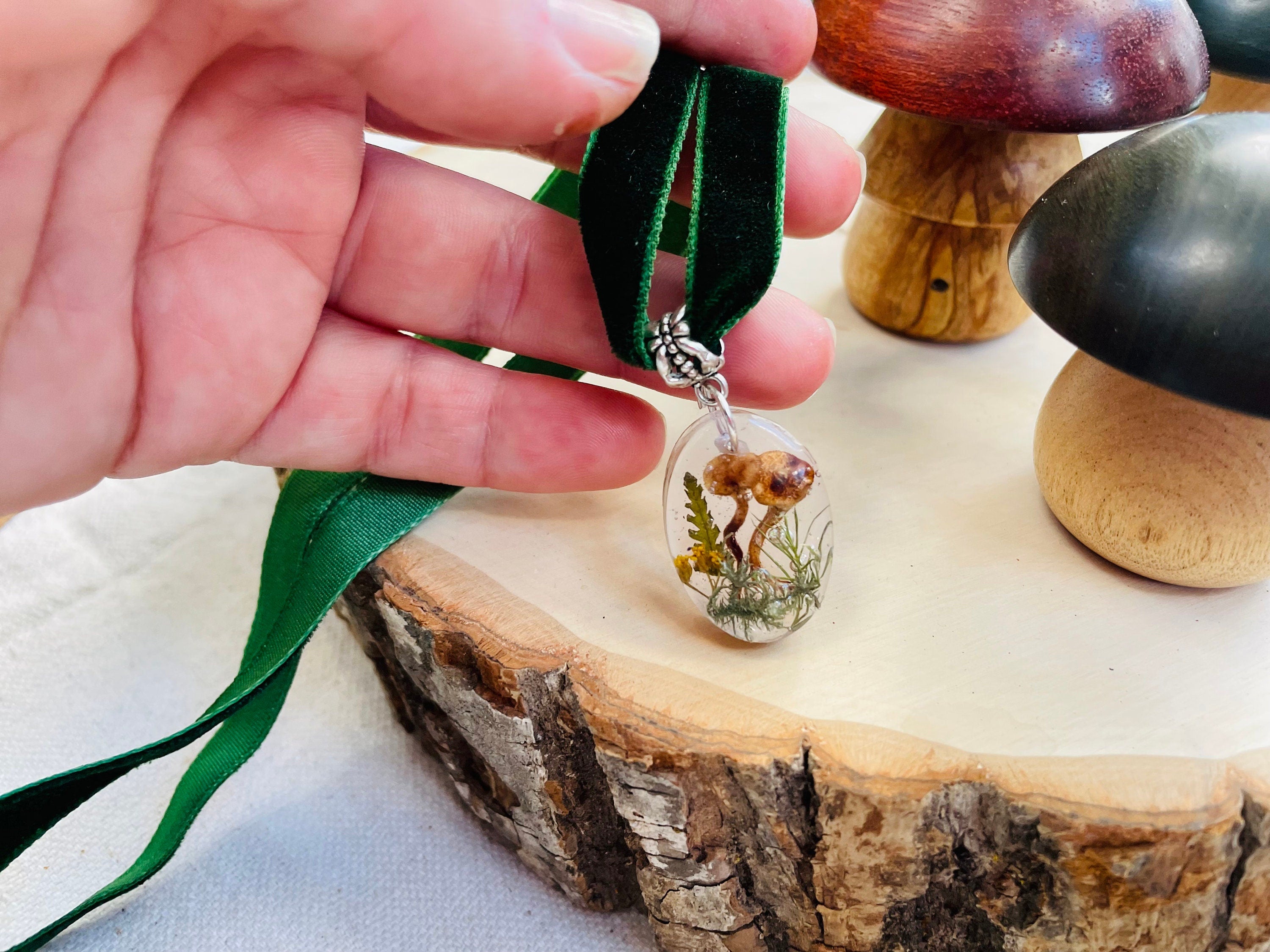 Real Mushroom fern pendant necklace resin personalized birthstone velvet ribbon choker black gothic mushroom jewelry unique holiday gift her