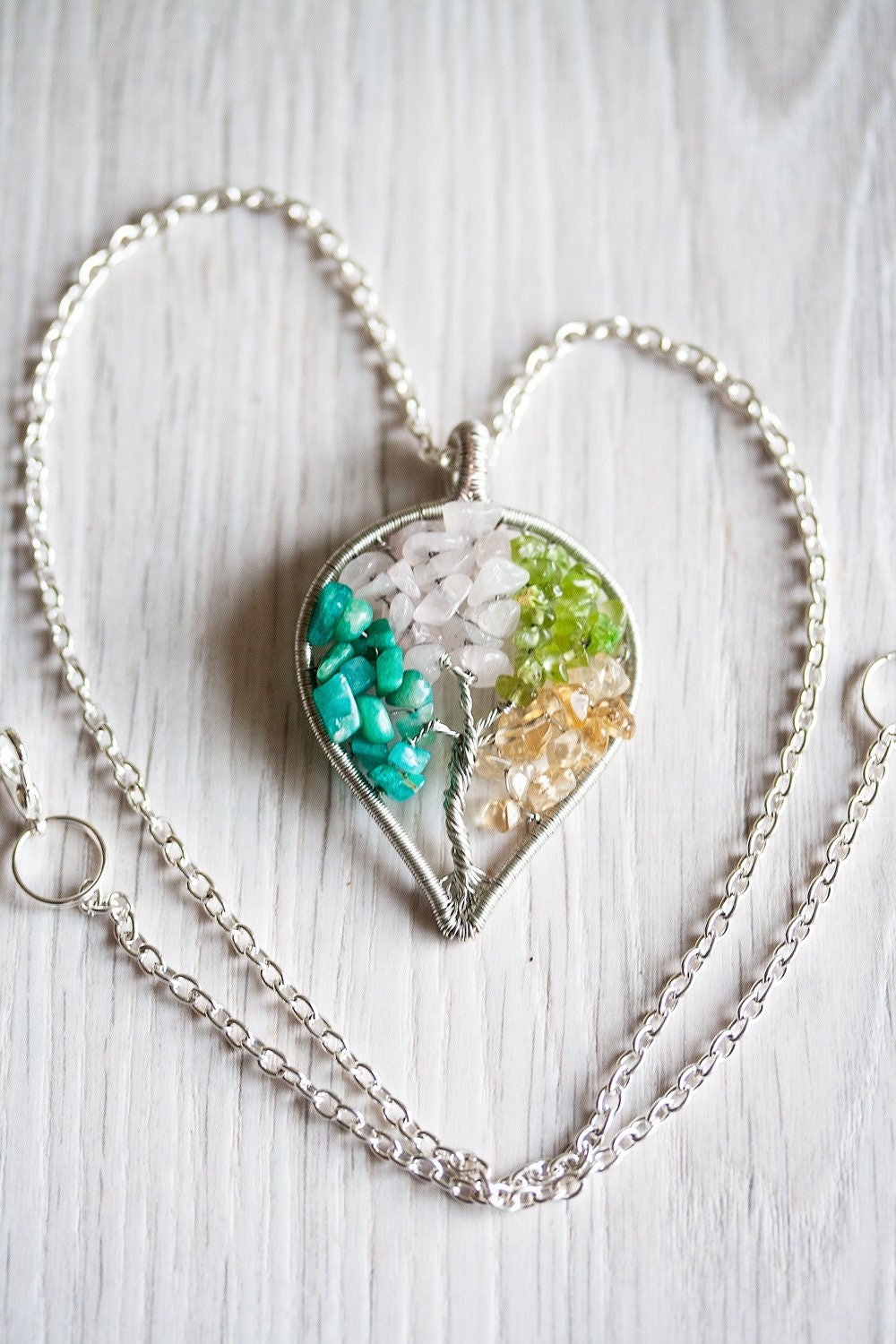 Teardrop Citrine Quartz Peridot Green Amazonite Raw Crystal Tree of Life Pendant Chain Necklace Silver Wire Wrapped
