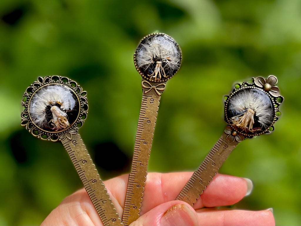 Real Dandelion Bookmark: Bronze Metal Ruler, January Birth Flower Black Gothic Bookish Gifts