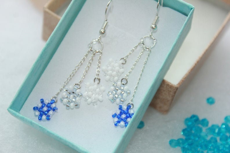 White Christmas Tree Earrings Beaded: Unique Pearl Silver Winter Holiday Dangles for Women