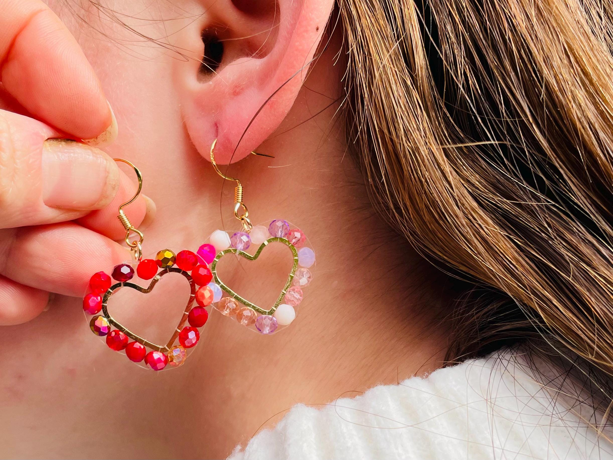 Red Beaded Heart Hoop Earrings: 14K Gold Romantic Dangle Earrings