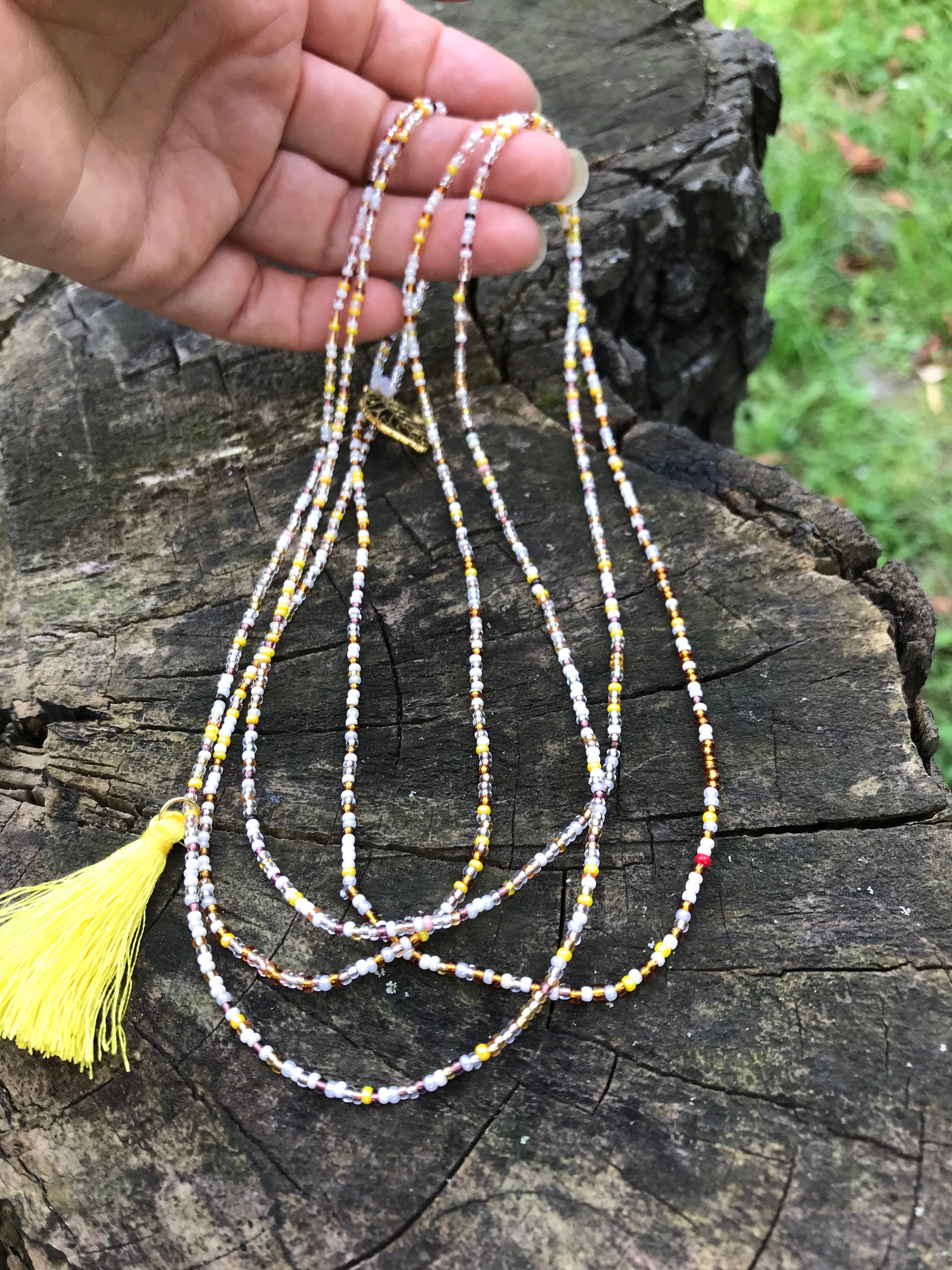 yellow brown beaded wrap bracelet, Fall accessory for girlfriend ~leaf seed bead bracelet~mini tassel bangle for hippie, seed bead necklace