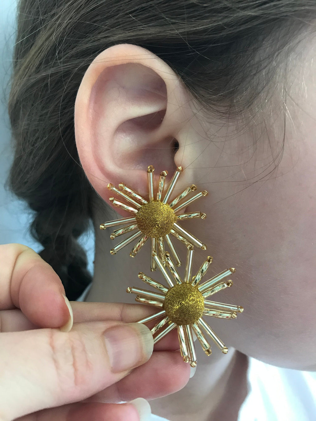 Gold Sunburst Earrings: Beaded Celestial Clip On Studs