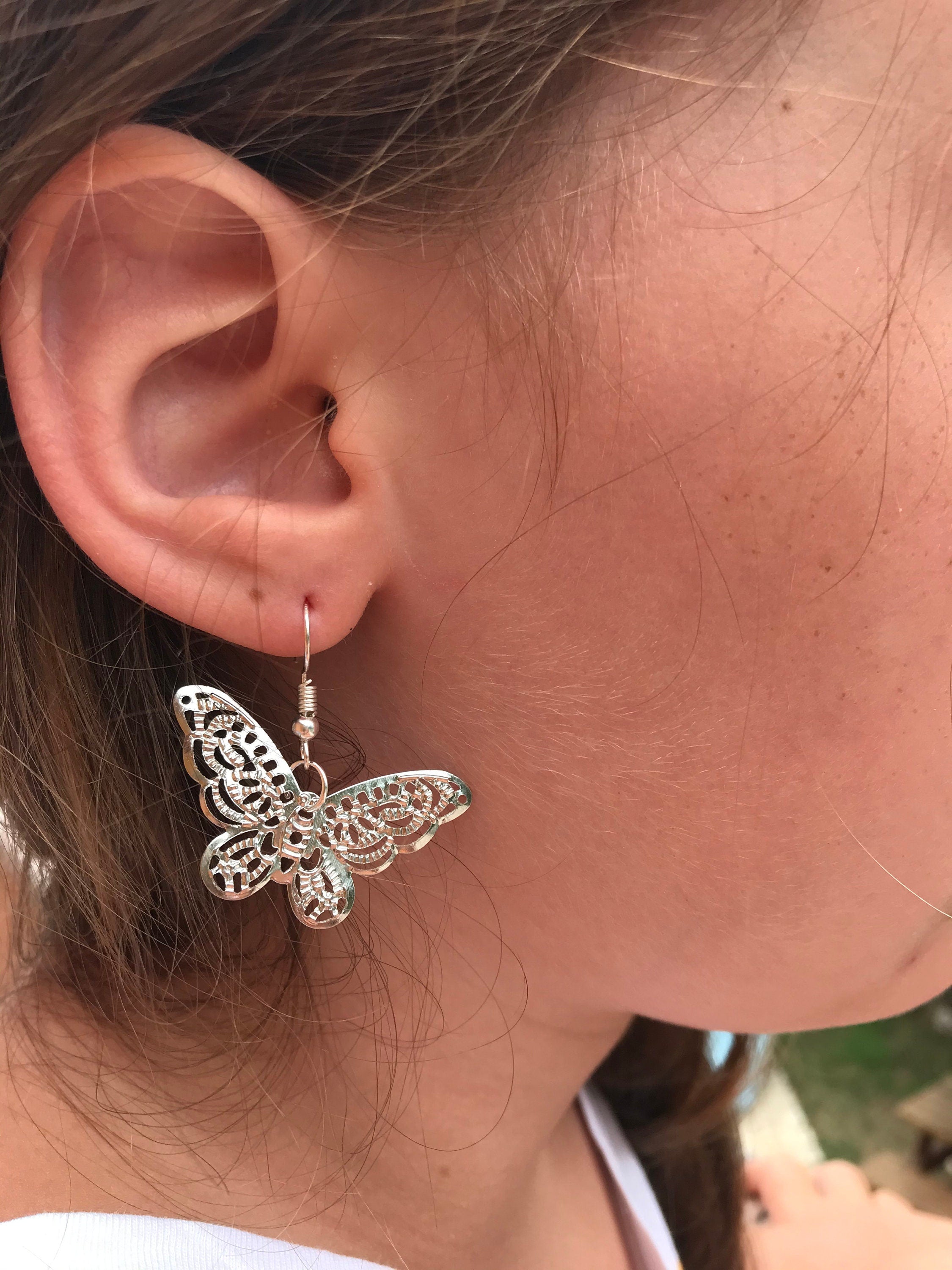 14k gold huggie earrings, filigree butterfly earrings, huggie hoop earrings silver, butterfly earrings dangle, silver butterfly earrings