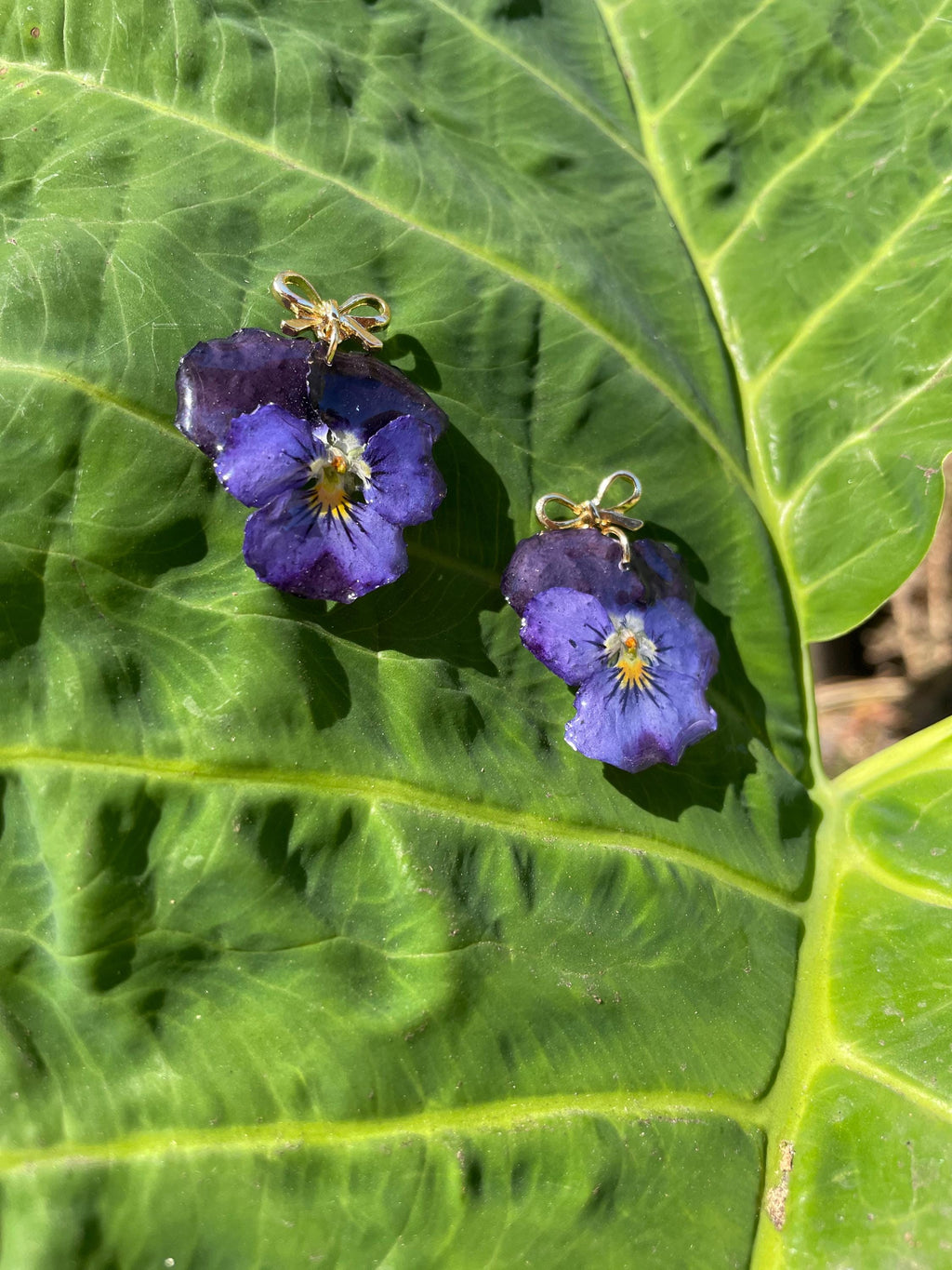 Purple Violet Flower Earrings with Gold Bow Posts | Unique Birth Month Gift for February