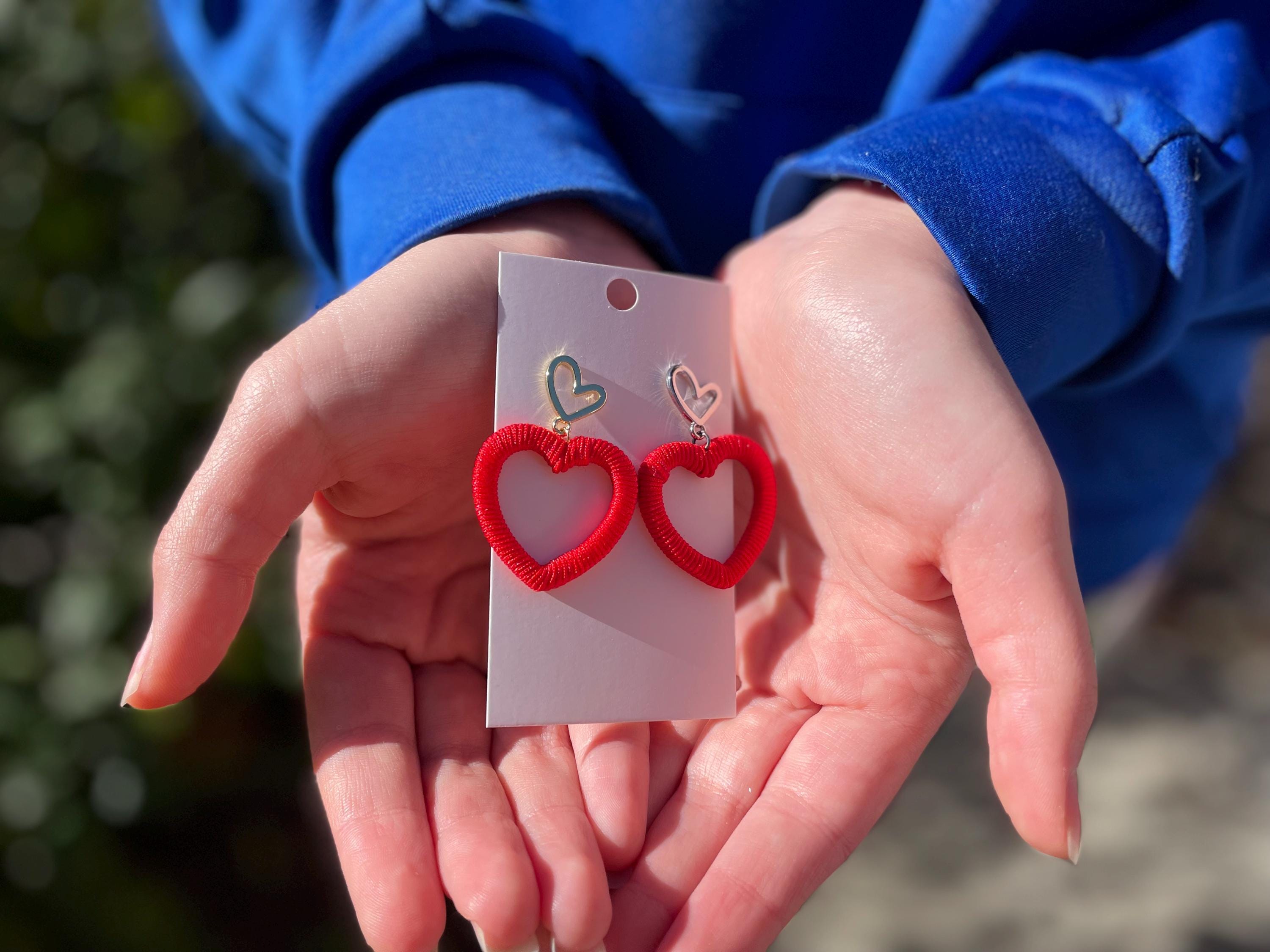 Red Heart Earrings: Silk Wrapped Bow Studs, Romantic Jewelry