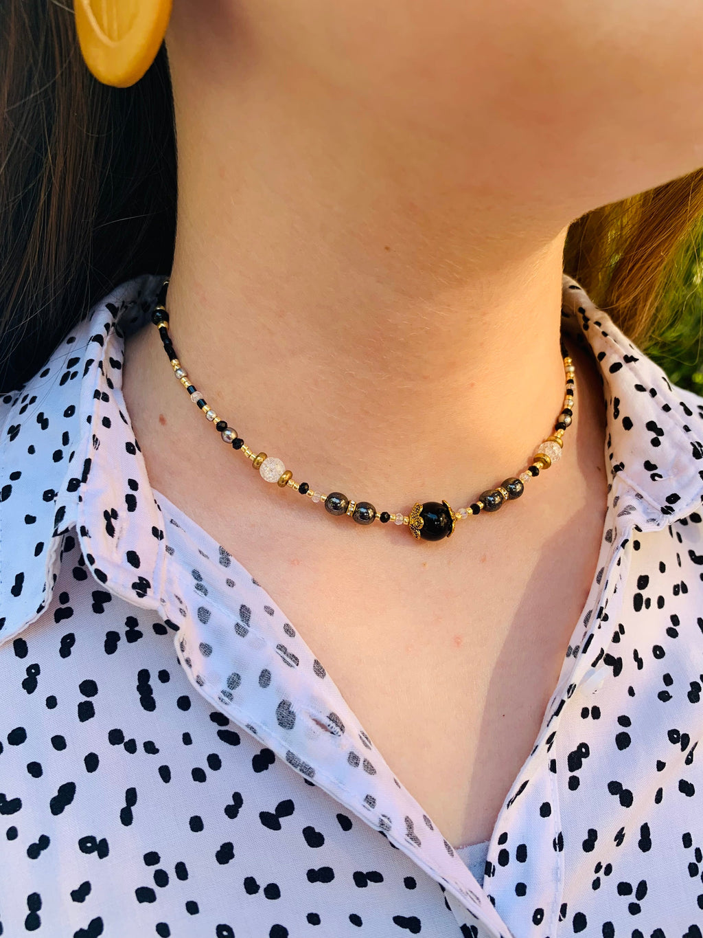 Minimalist beaded choker necklace with onyx hematite, black and gold beaded necklace, seed bead choker, handmade choker necklace for women