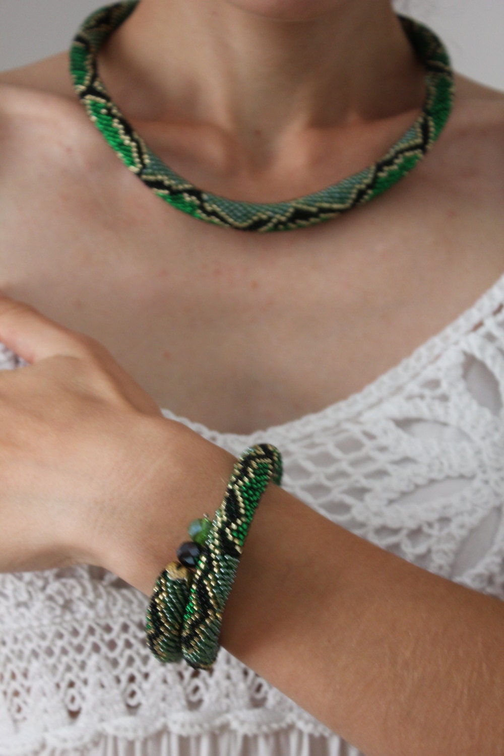 Beaded Snake Choker: Green Ouroboros Necklace, Wild Animal Jewelry