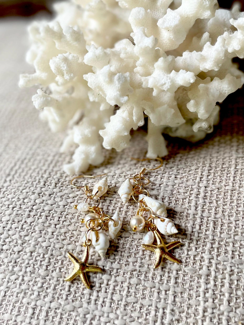 Starfish & Pearl Ocean Earrings: Seashell Beach Wedding Jewelry Gold