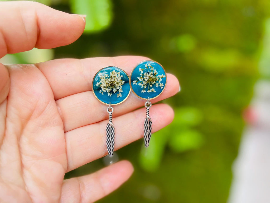 Patina Blue Resin Stud Earrings: Real Pressed Flower and Turquoise Feather jewelry