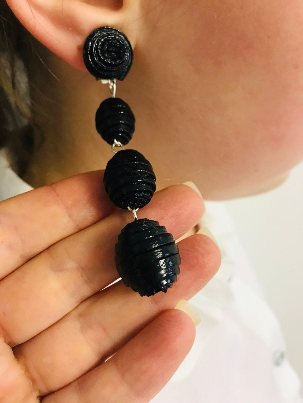 Black red faux leather bon bon earrings, layered leather earrings for women, long beaded earrings clips, three Ball Rebecca earrings dangle