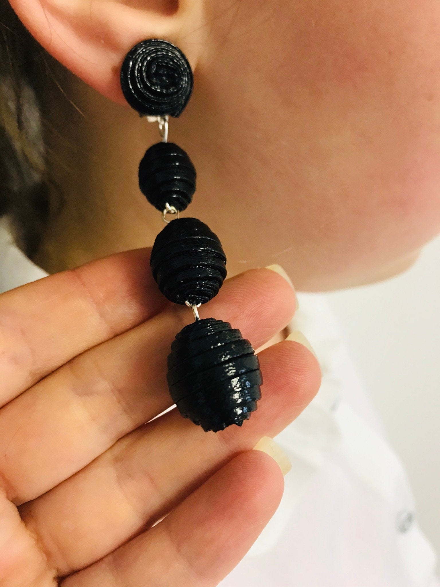 Black red faux leather bon bon earrings, layered leather earrings for women, long beaded earrings clips, three Ball Rebecca earrings dangle