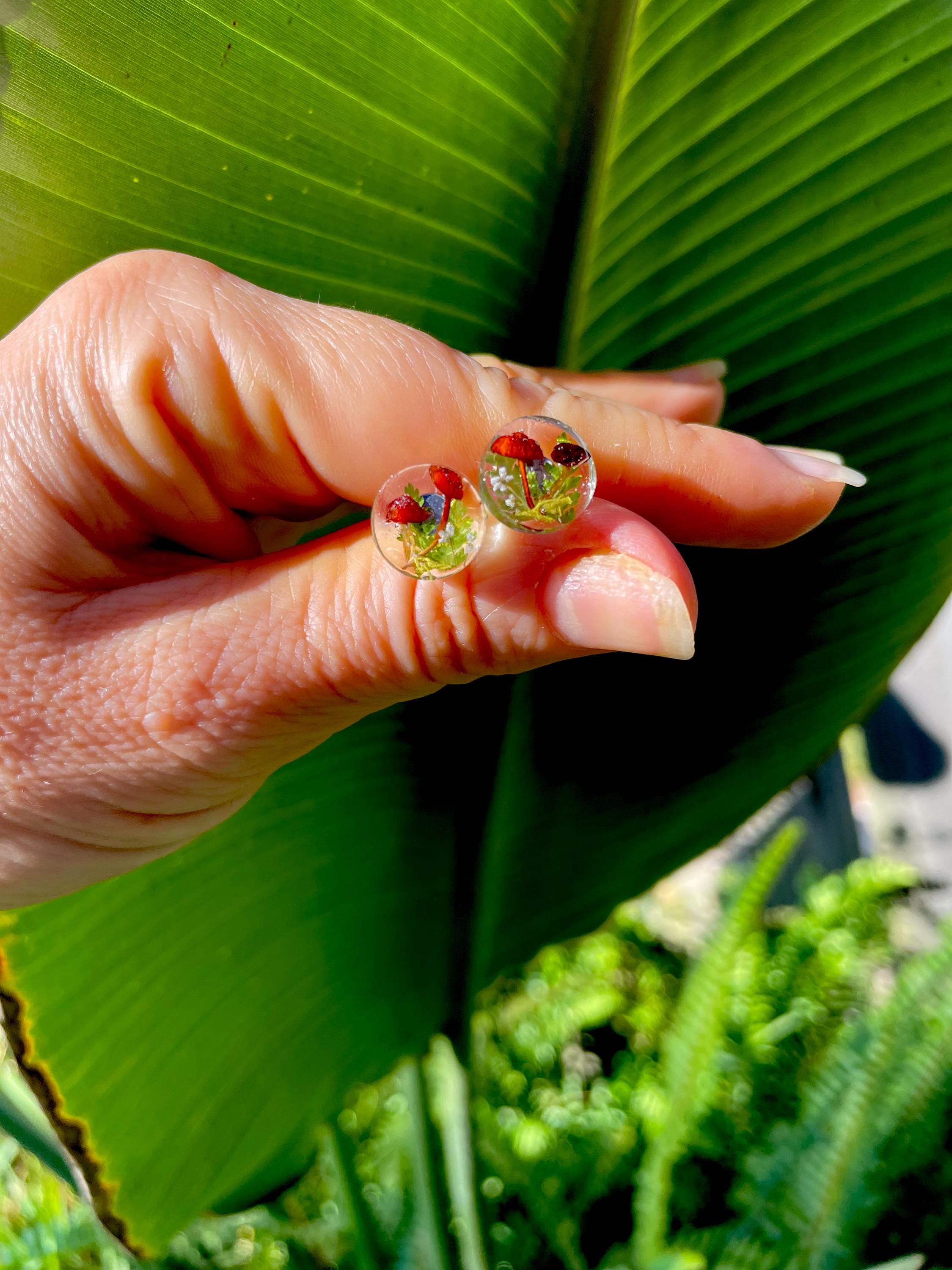 Men's Unique Stud Earrings: Hypoallergenic Real Mushroom Fern with Birthstone, Nature-Inspired Valentines gift