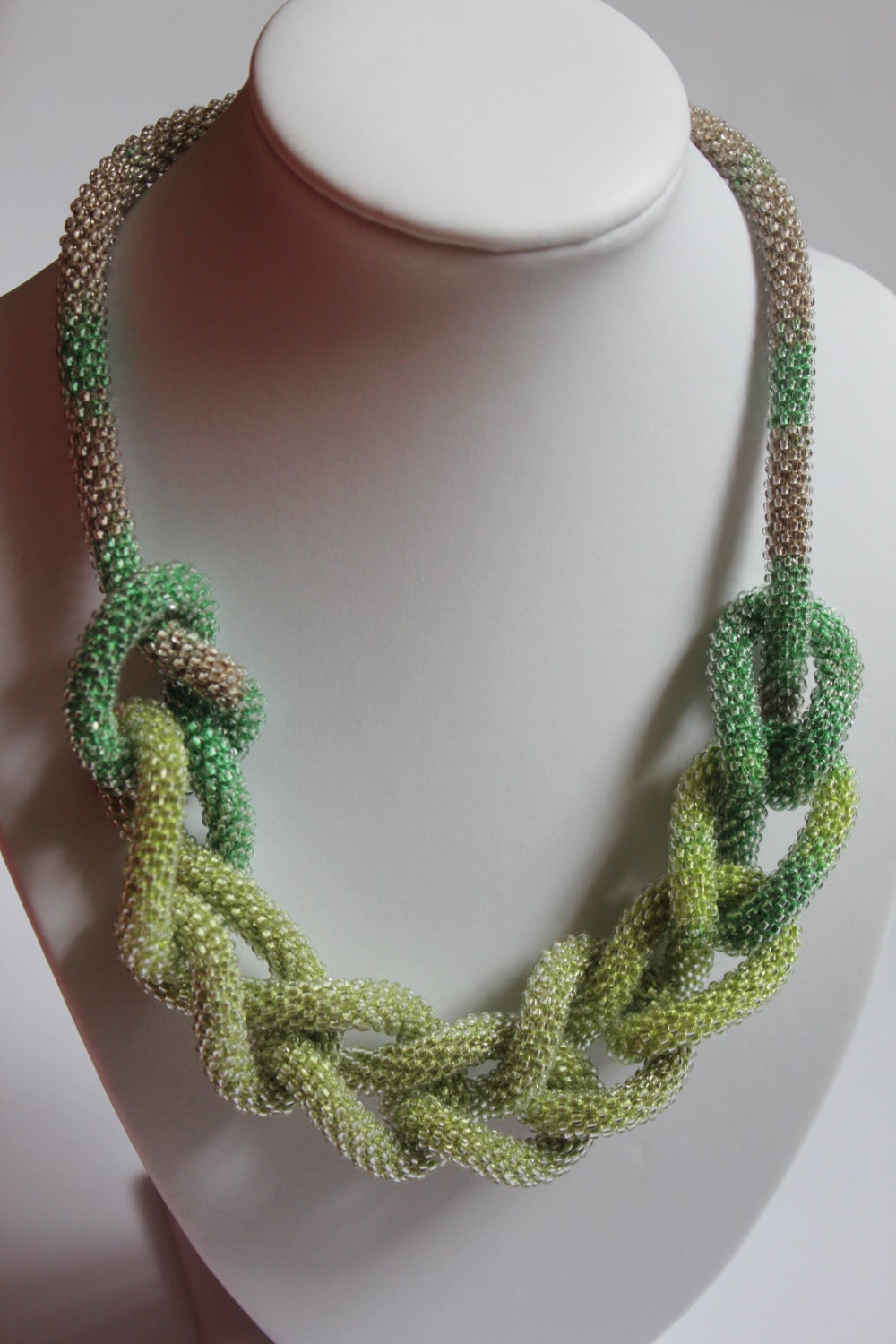 Layered Ombre Green and Silver Lariat Necklace for Women Extra Long: Tassel Seed Bead Crochet Jewelry