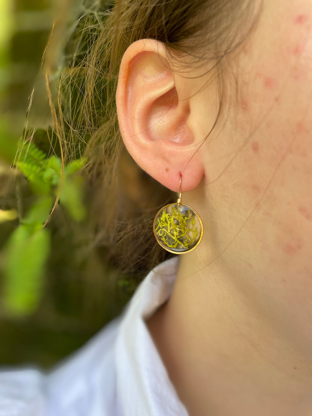 Green Moss Earrings: Gold Resin Botanical Jewelry, Nature Gift