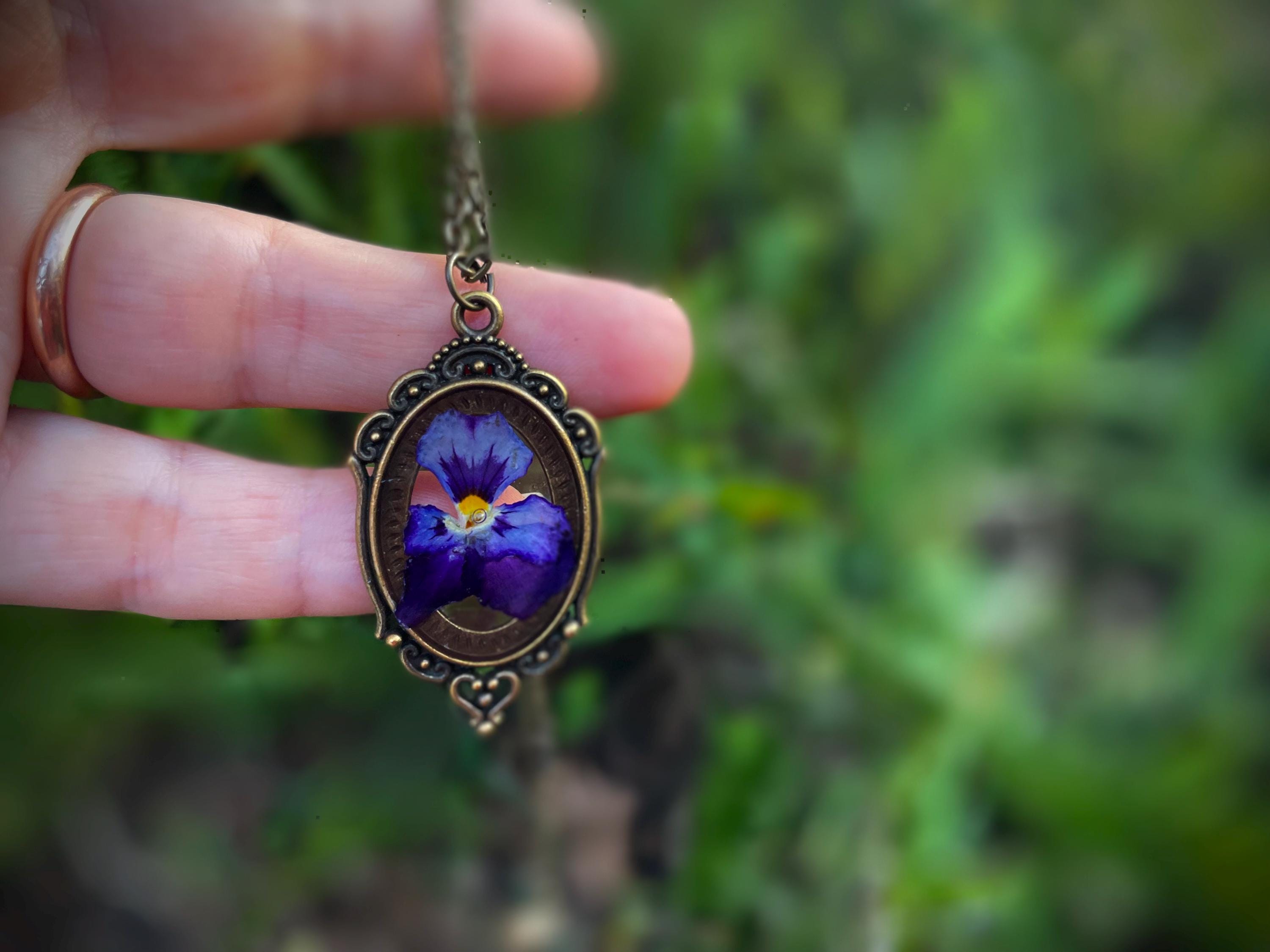 February Birth Flower Necklace: Handmade Violet Pressed Resin Pendant