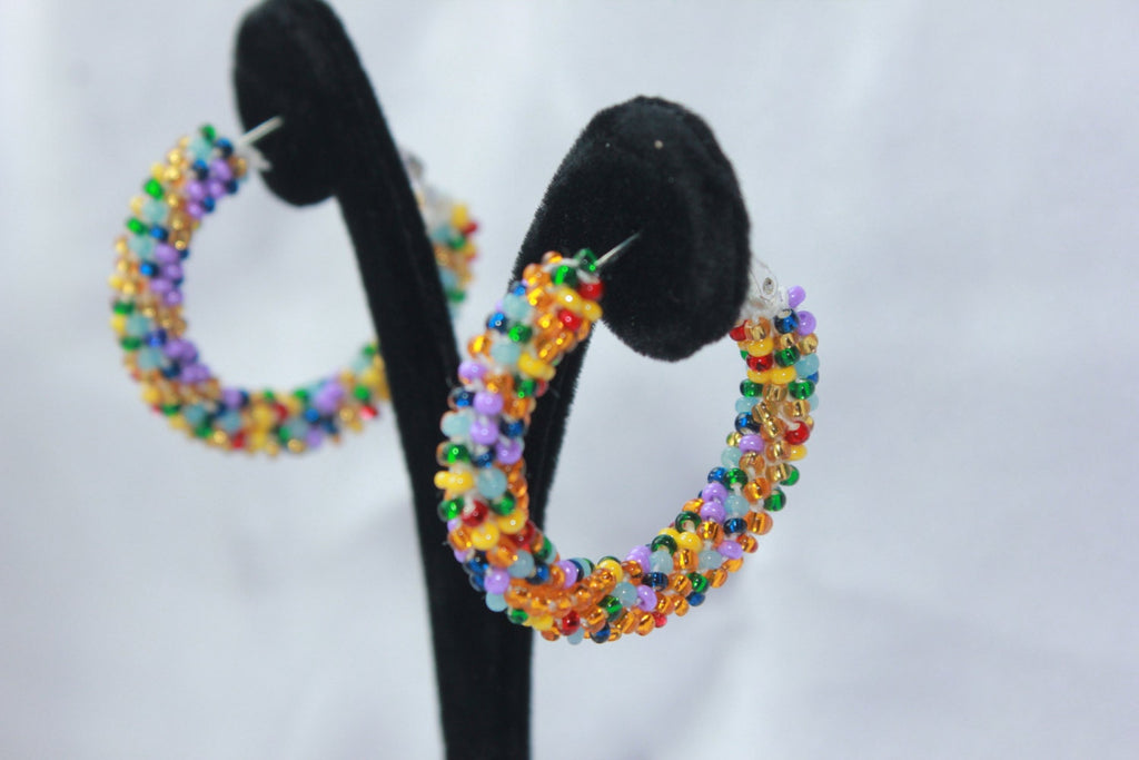 Multicolored hoop earrings beaded, Native American midi hoops girlfriend gift earrings, bridal shower gift lesbian earrings southwest design