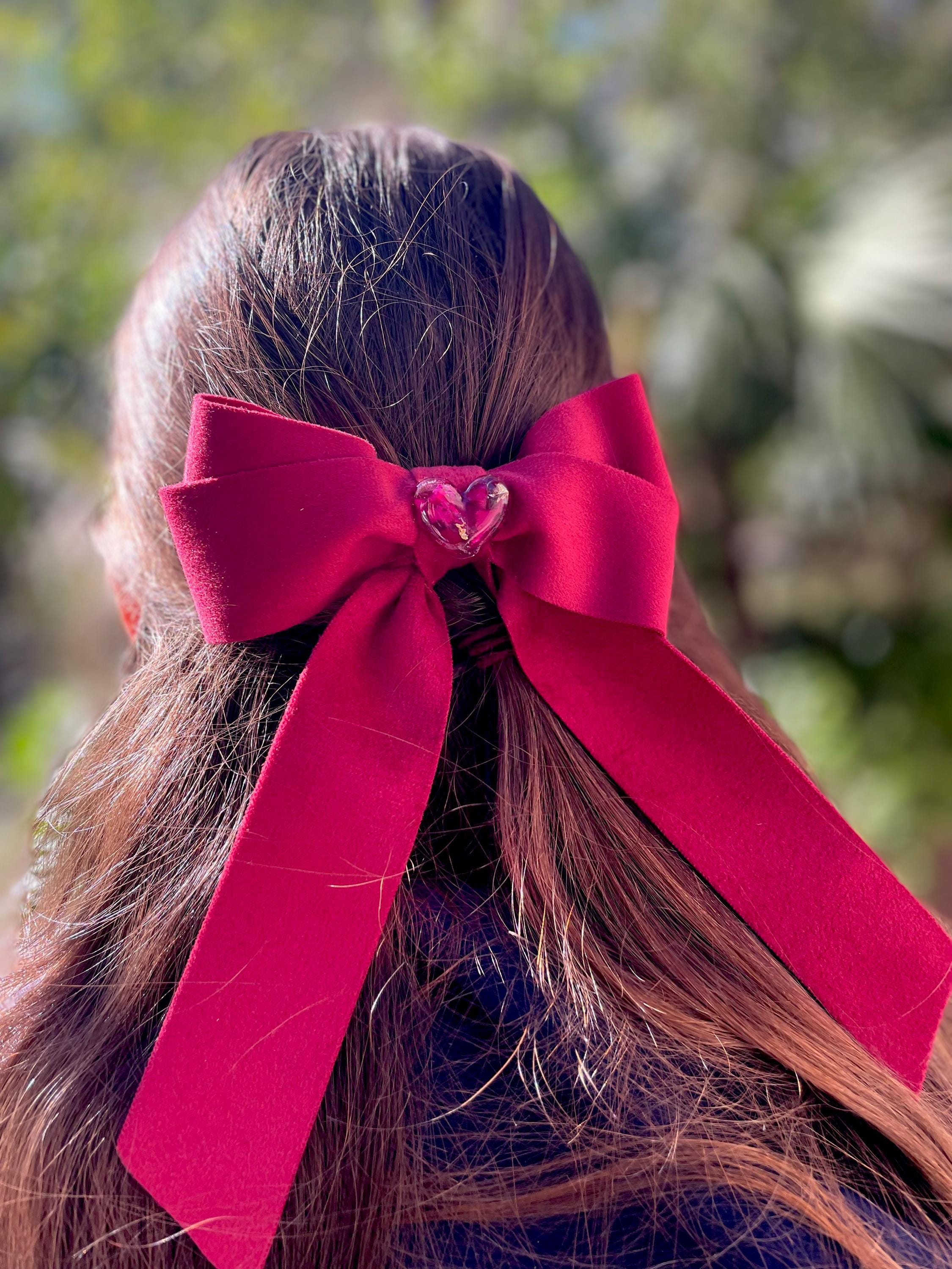 Burgundy Velvet Hair Bow: Rose Petal Heart Charm, Valentine's Day